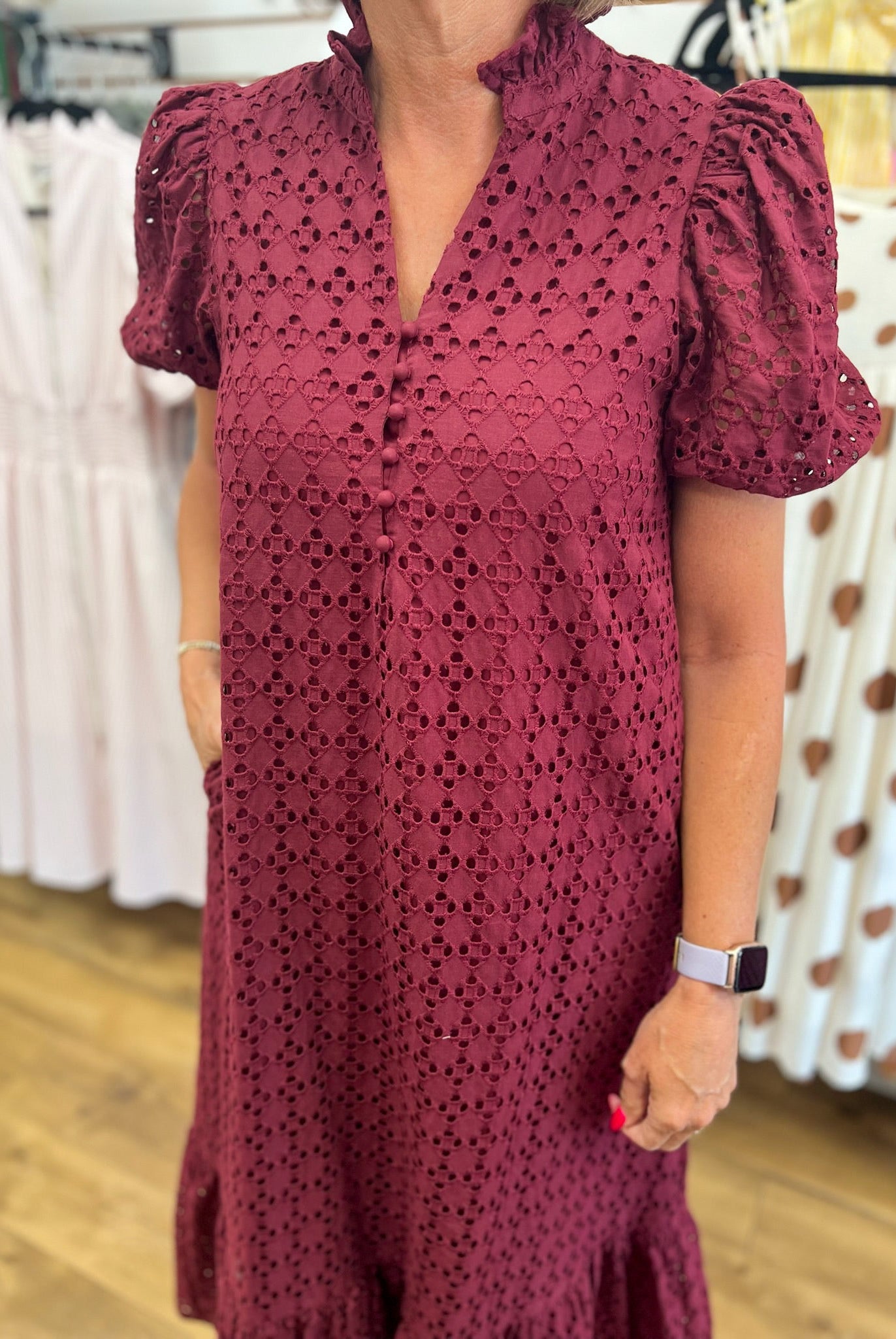 Burgundy Eyelet Lace V-Neck Midi Dress with Short Puff Sleeves - A'Bekah's Boutique