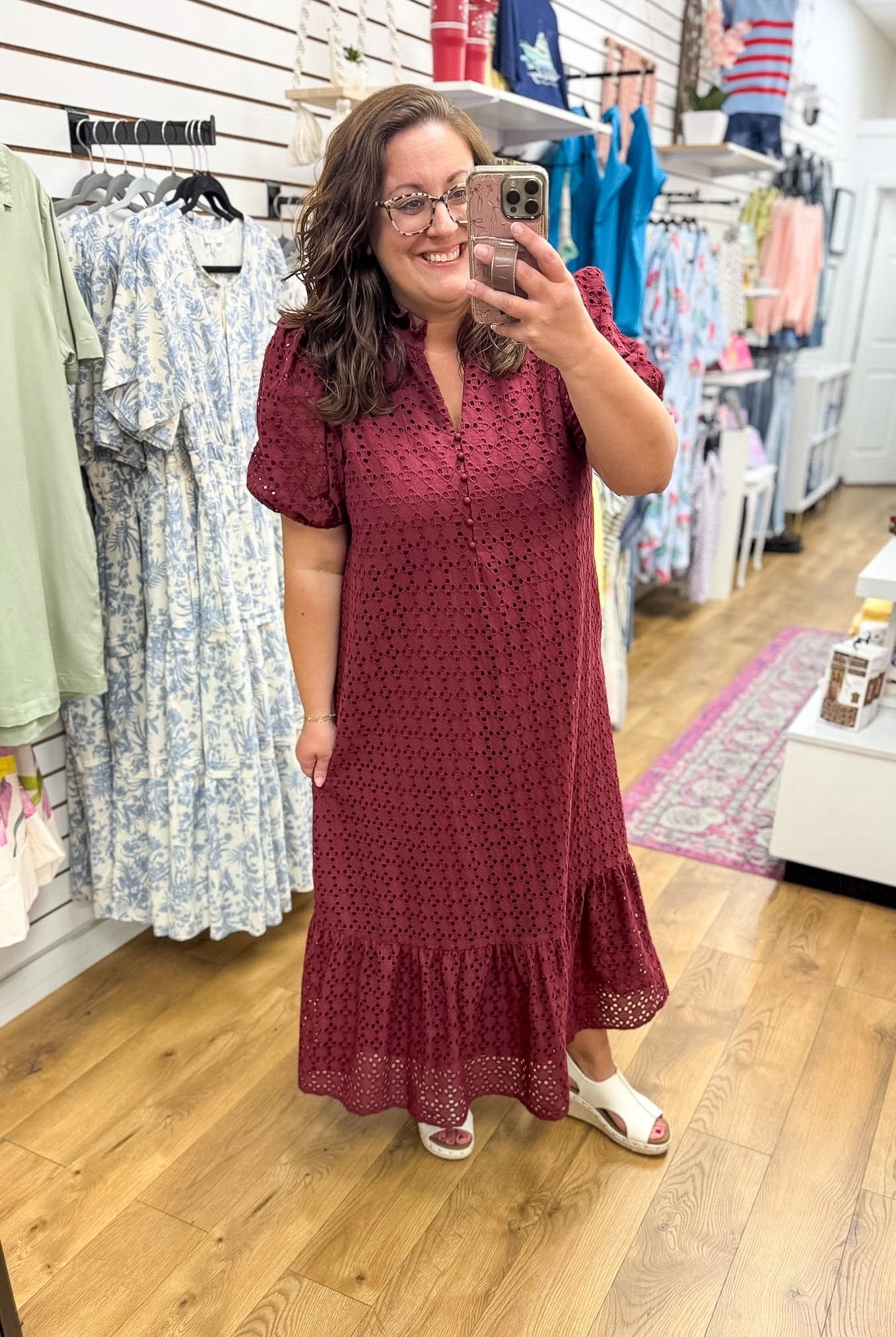 Burgundy Eyelet Lace V-Neck Midi Dress with Short Puff Sleeves - A'Bekah's Boutique