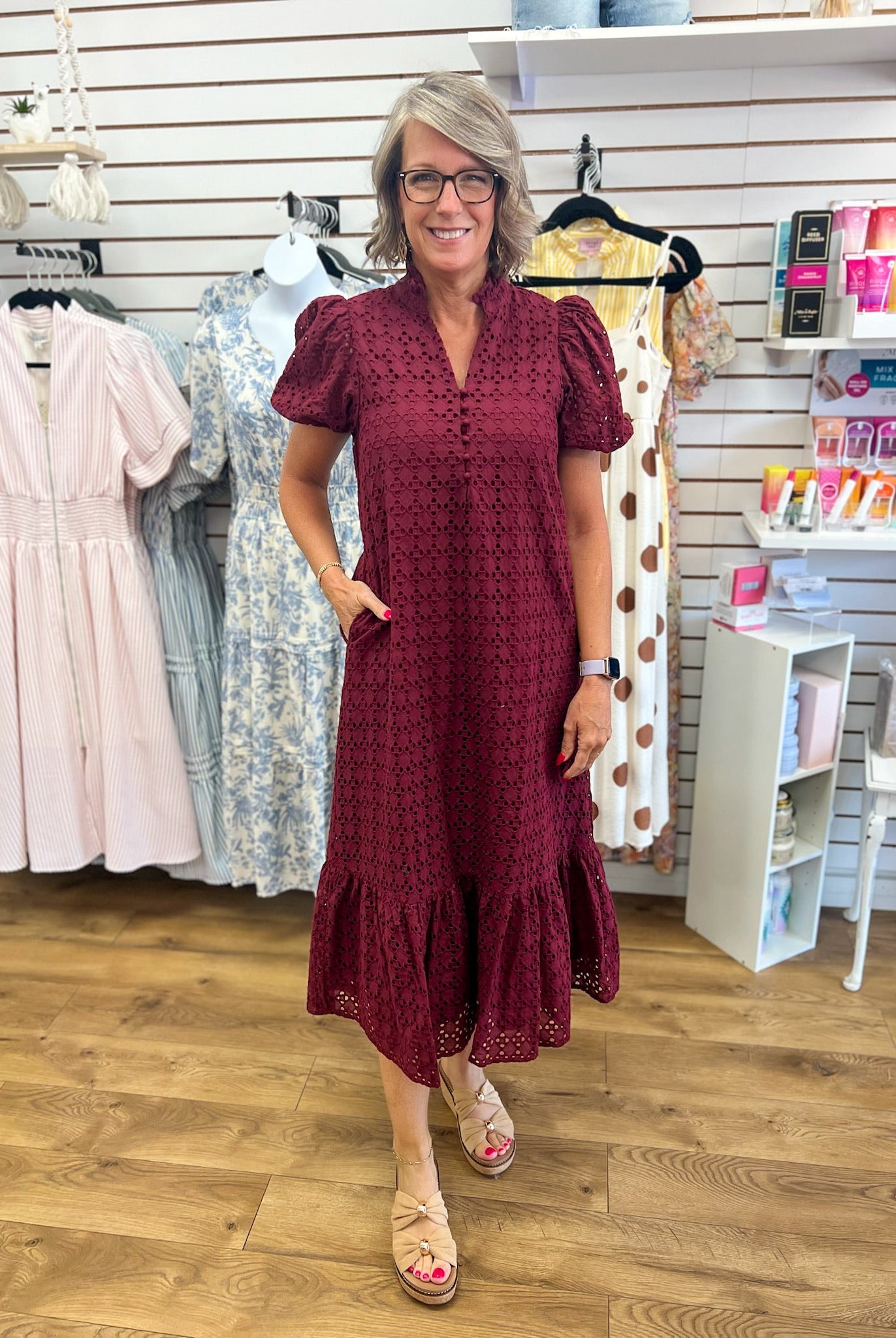 Burgundy Eyelet Lace V-Neck Midi Dress with Short Puff Sleeves - A'Bekah's Boutique