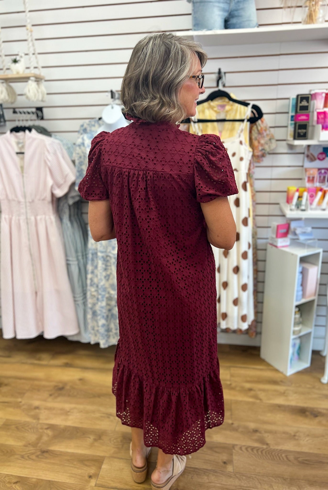 Burgundy Eyelet Lace V-Neck Midi Dress with Short Puff Sleeves - A'Bekah's Boutique