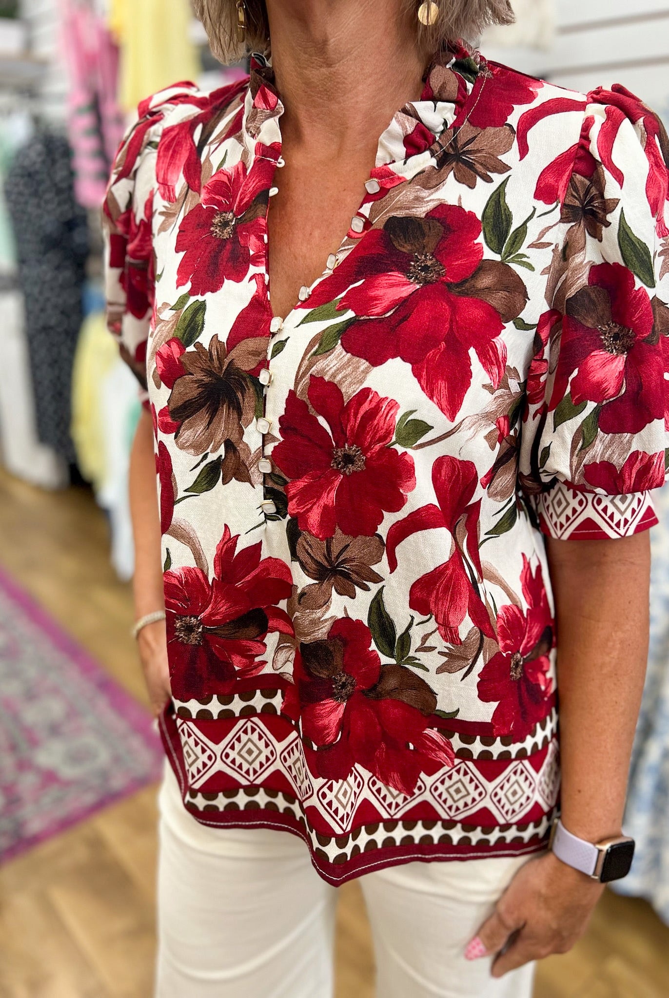 Burgundy Floral Top with Short Puff Sleeves - A'Bekah's Boutique