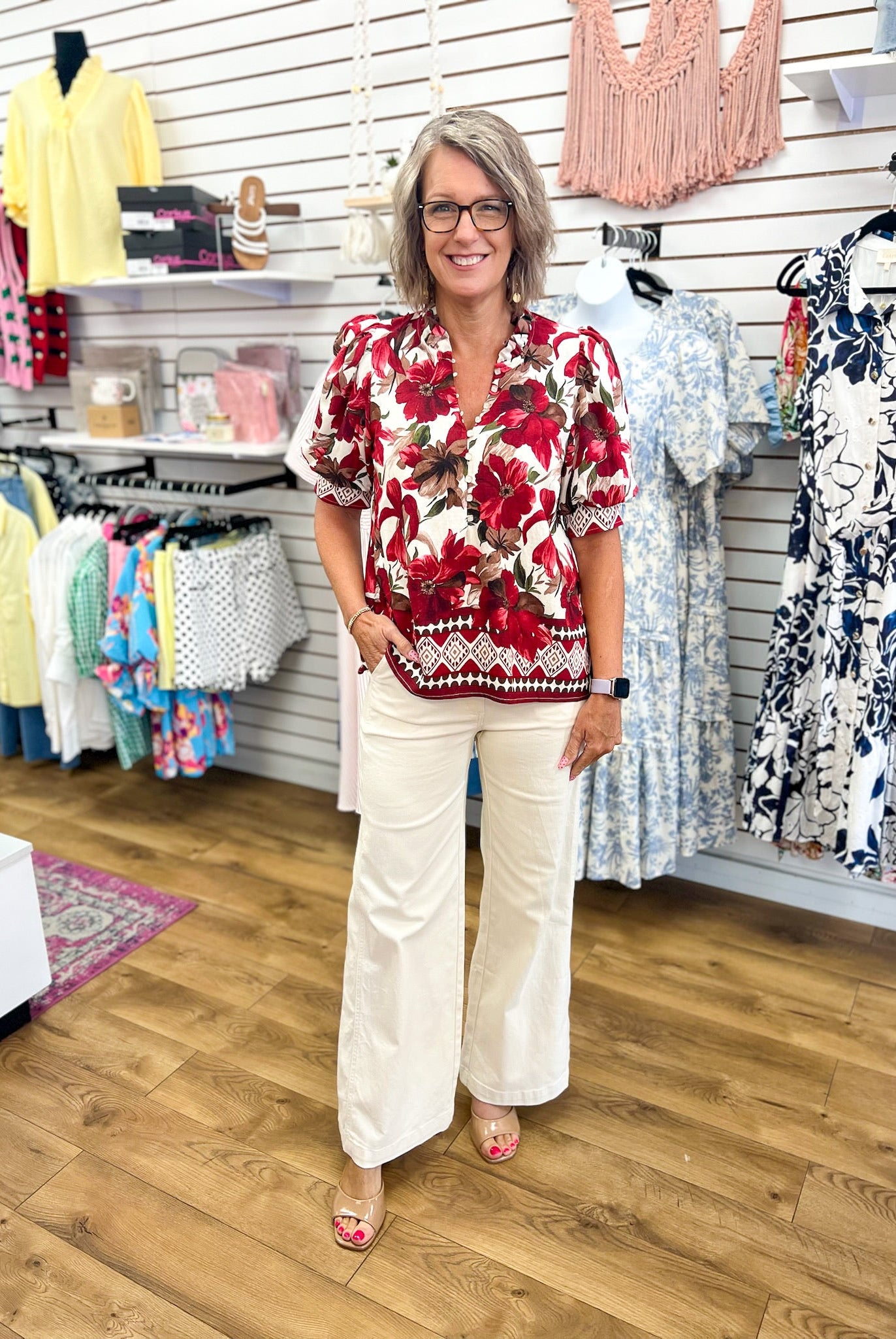 Burgundy Floral Top with Short Puff Sleeves - A'Bekah's Boutique