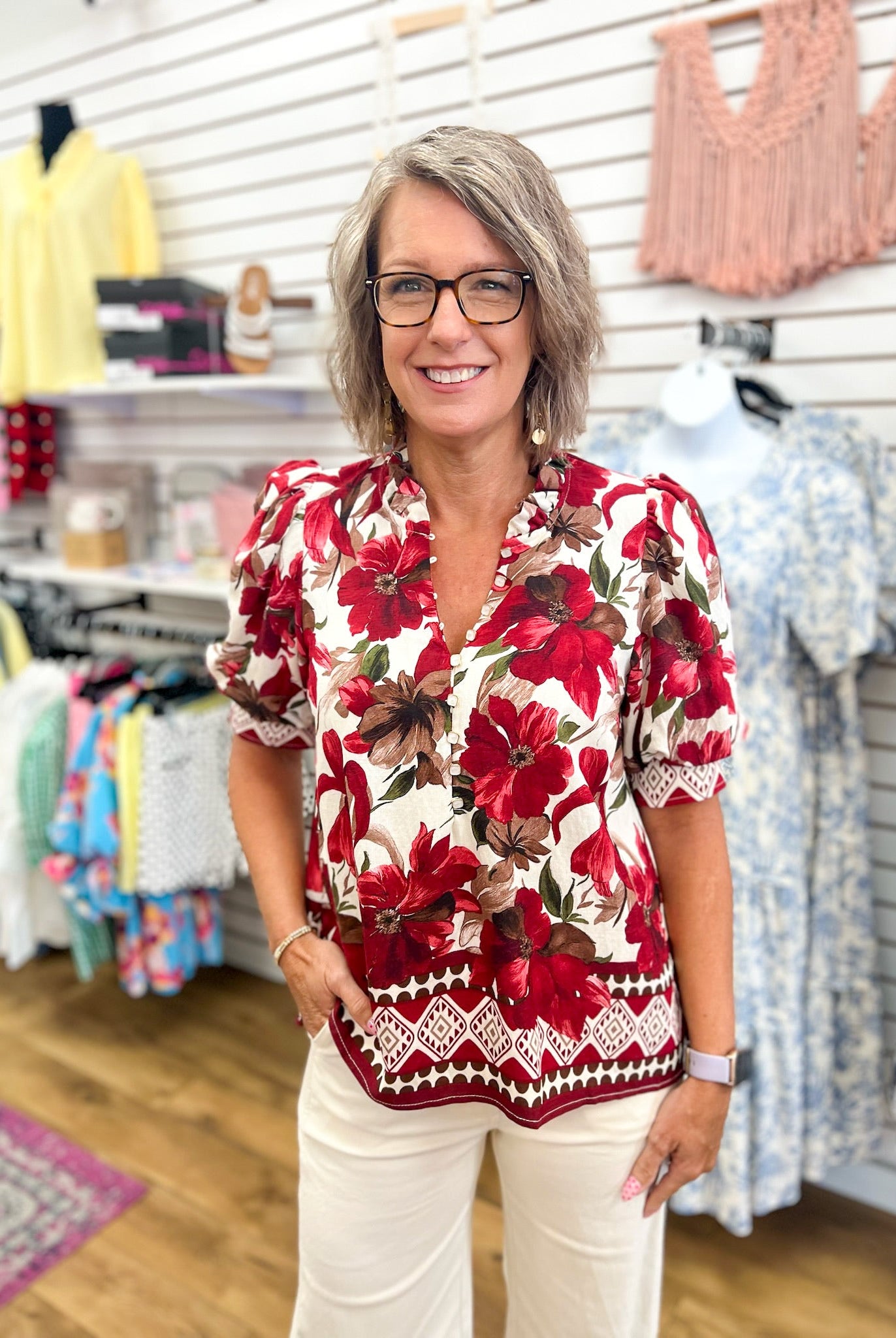 Burgundy Floral Top with Short Puff Sleeves - A'Bekah's Boutique