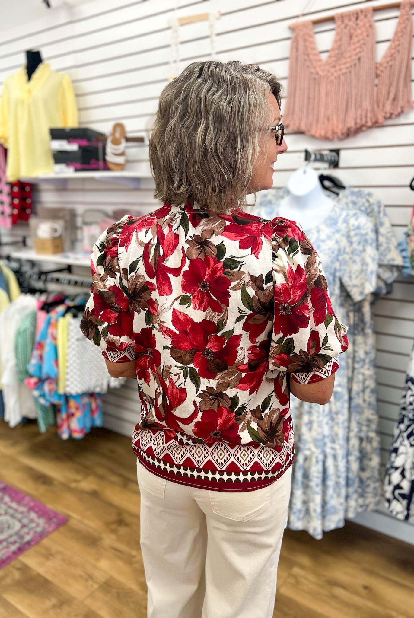 Burgundy Floral Top with Short Puff Sleeves - A'Bekah's Boutique