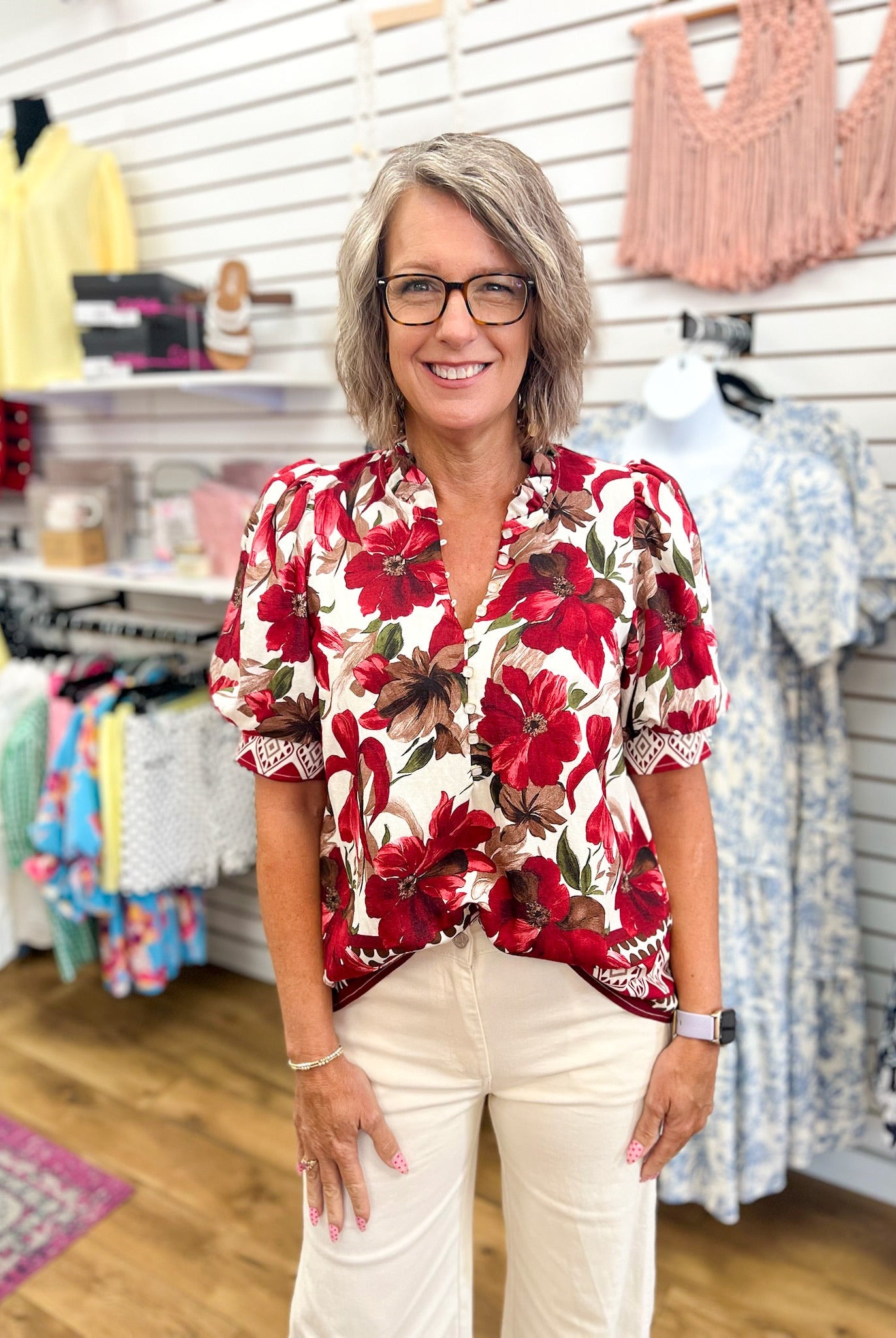 Burgundy Floral Top with Short Puff Sleeves - A'Bekah's Boutique