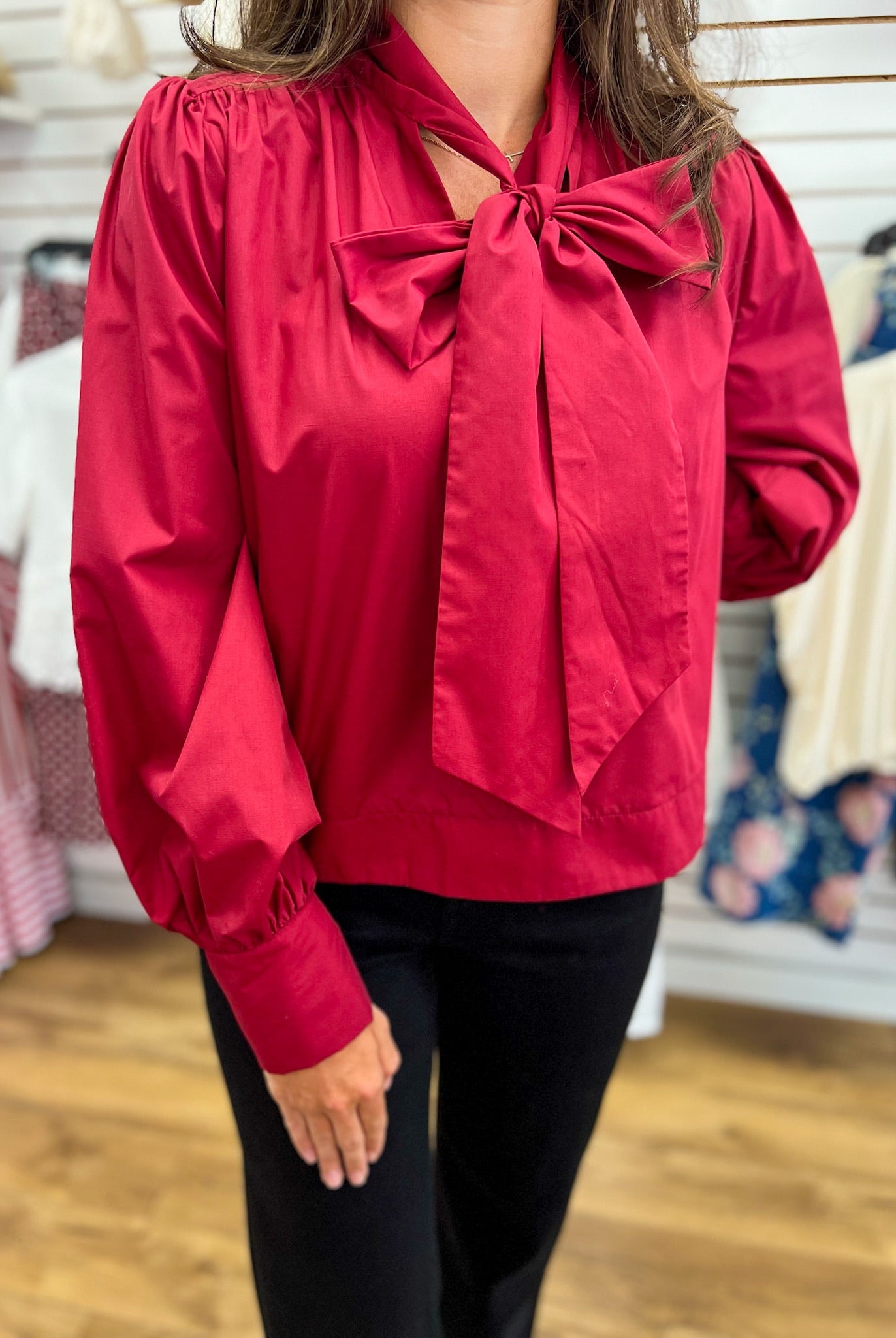 Burgundy Long Sleeve Top with Self-Tie Neckline - A'Bekah's Boutique