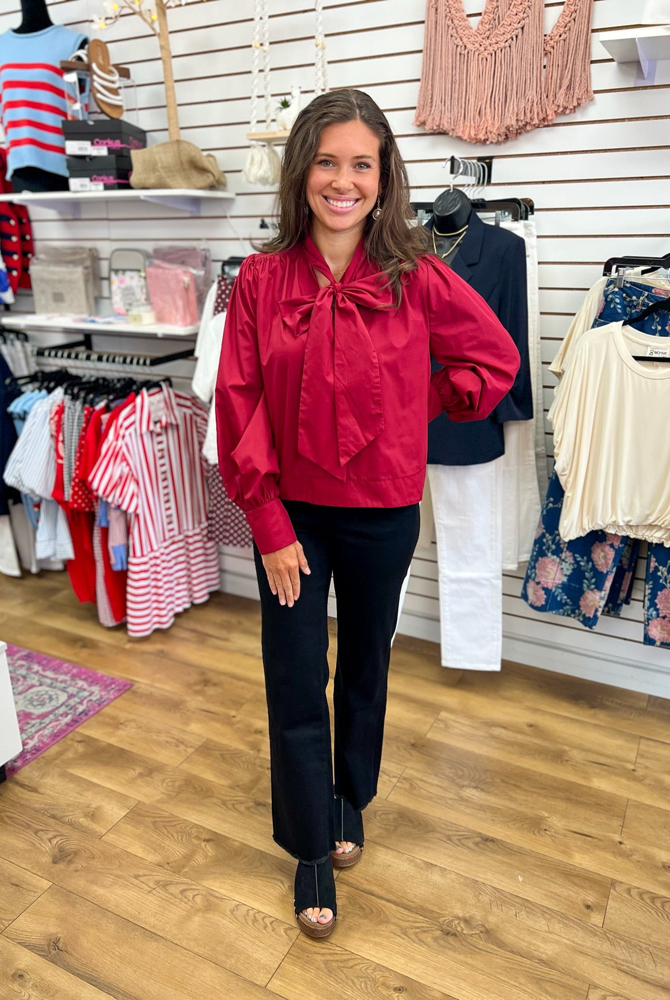 Burgundy Long Sleeve Top with Self-Tie Neckline - A'Bekah's Boutique