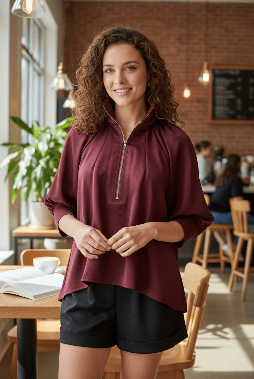 Burgundy Mock Neck Quarter Zip Top with Puff Sleeves - A'Bekah's Boutique