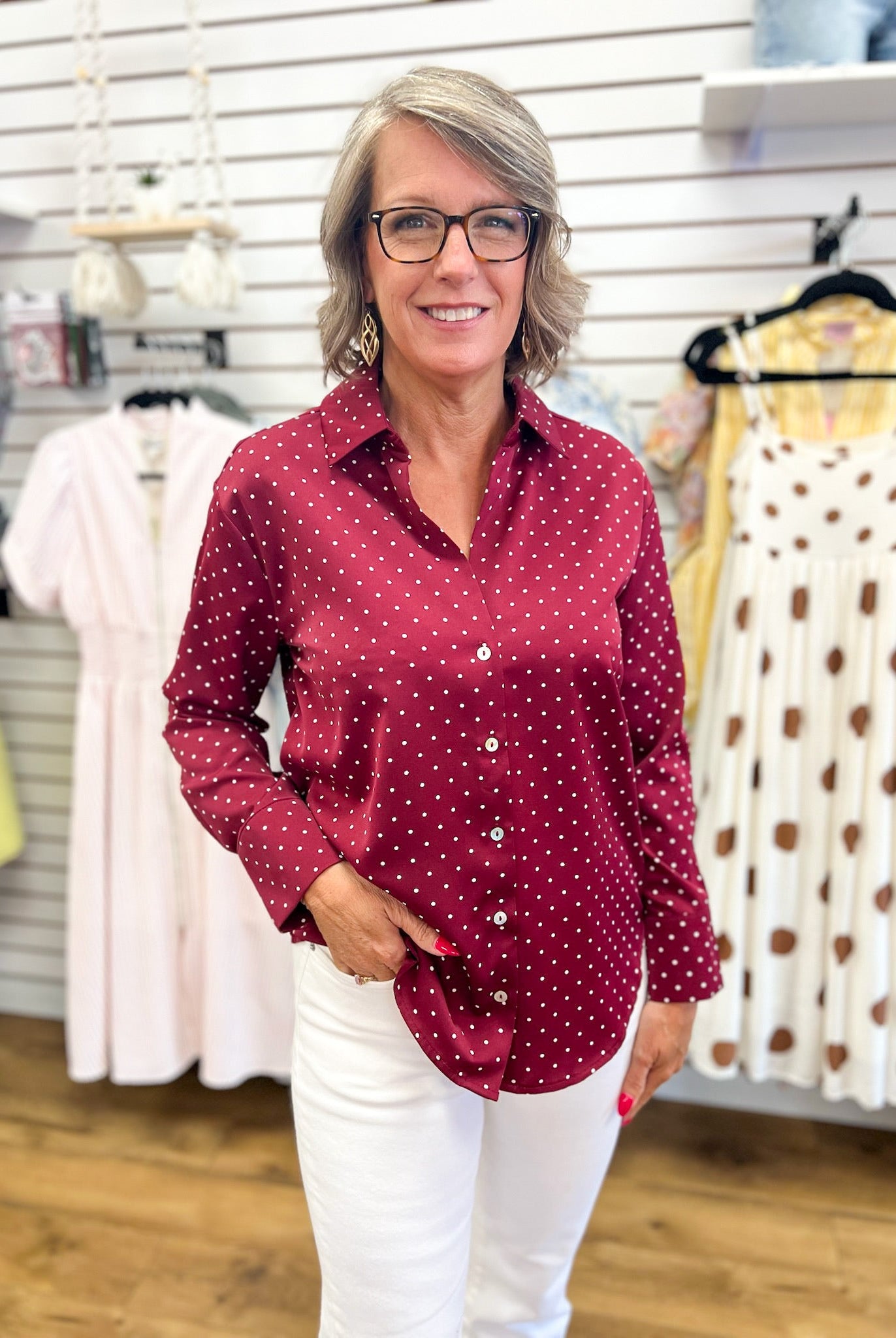 Burgundy Polka Dot Long Sleeve Button Up Top - A'Bekah's Boutique