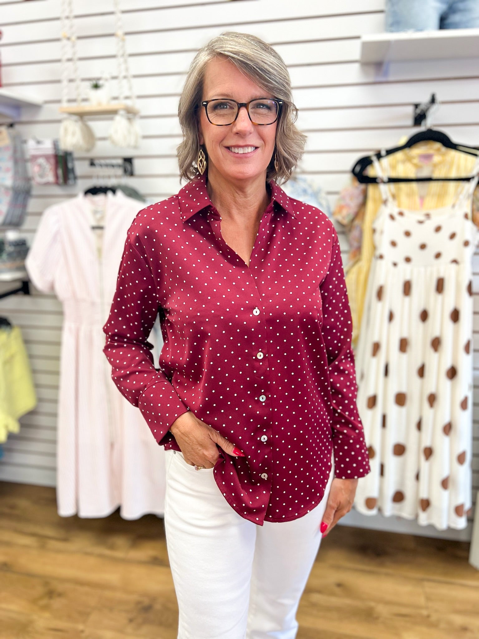 Burgundy Polka Dot Long Sleeve Button Up Top - A'Bekah's Boutique