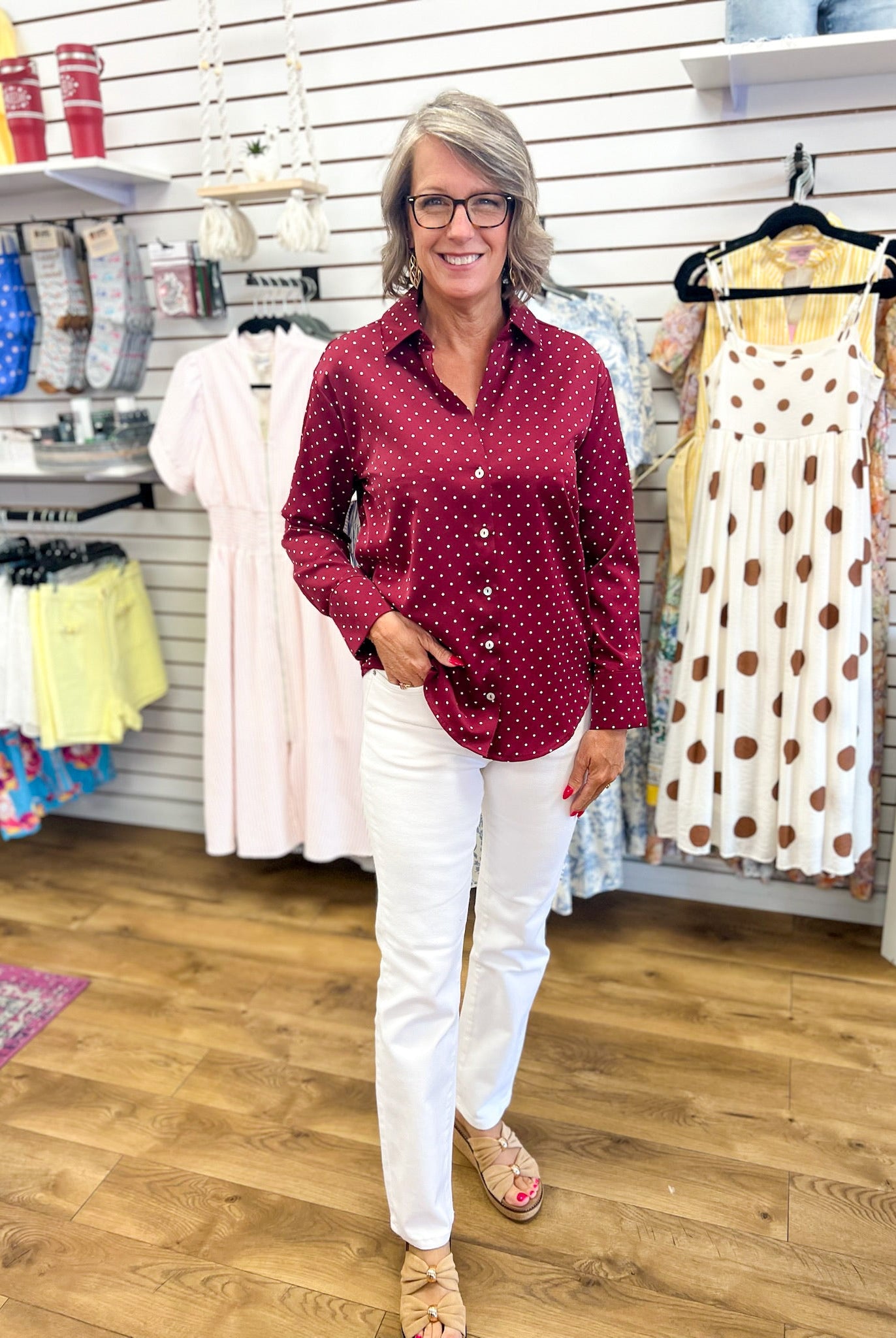 Burgundy Polka Dot Long Sleeve Button Up Top - A'Bekah's Boutique