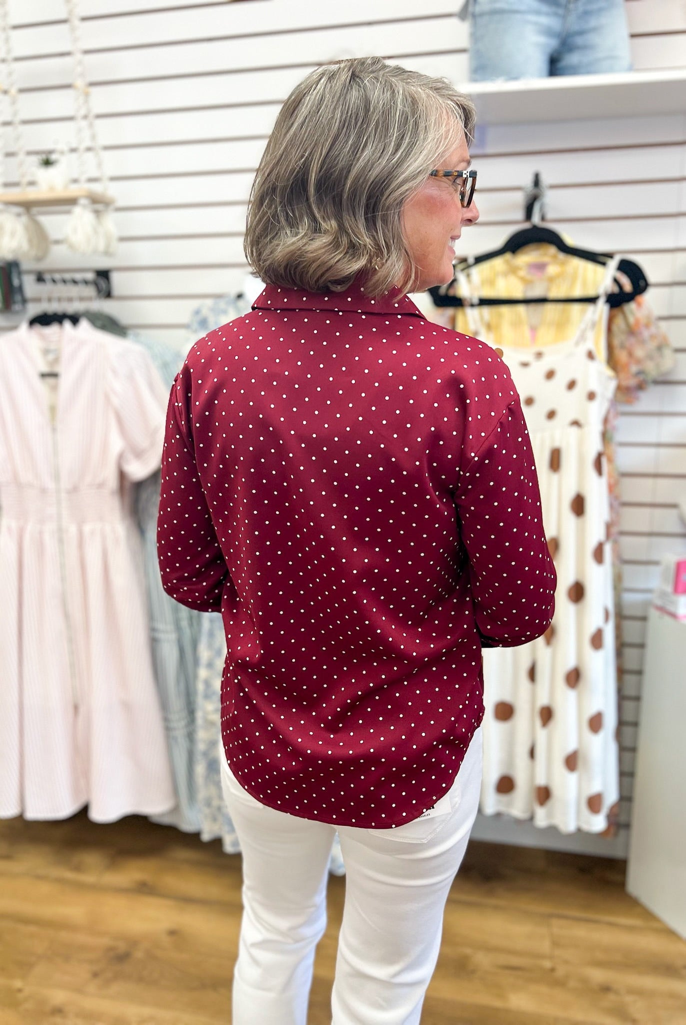 Burgundy Polka Dot Long Sleeve Button Up Top - A'Bekah's Boutique