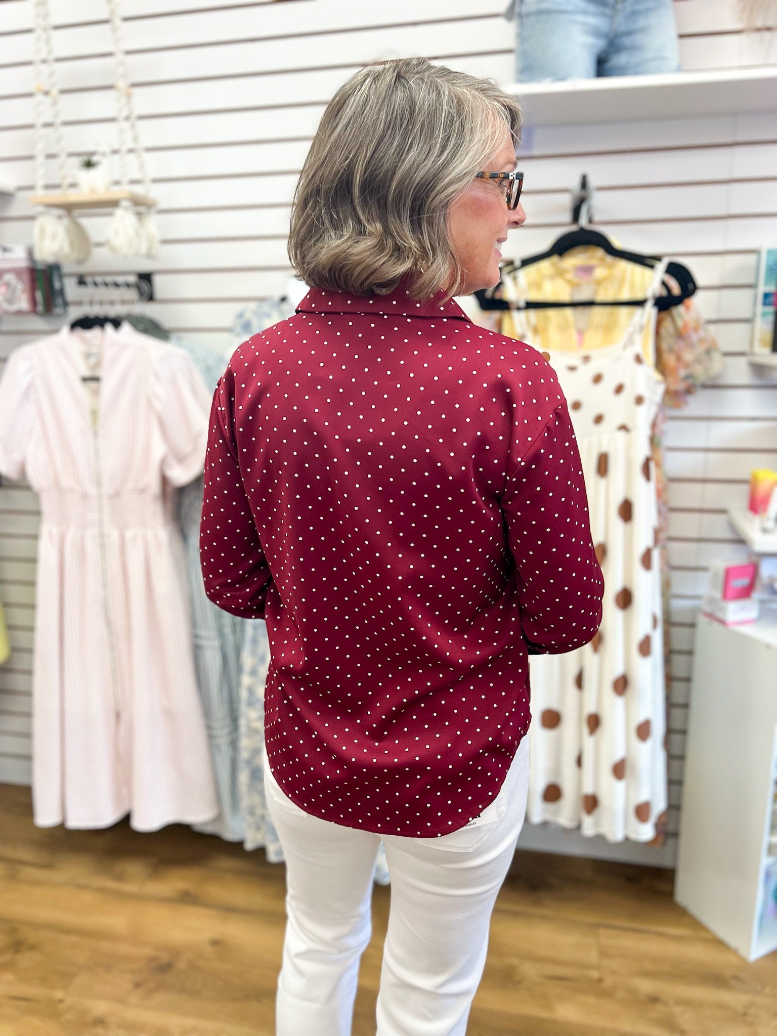 Burgundy Polka Dot Long Sleeve Button Up Top - A'Bekah's Boutique
