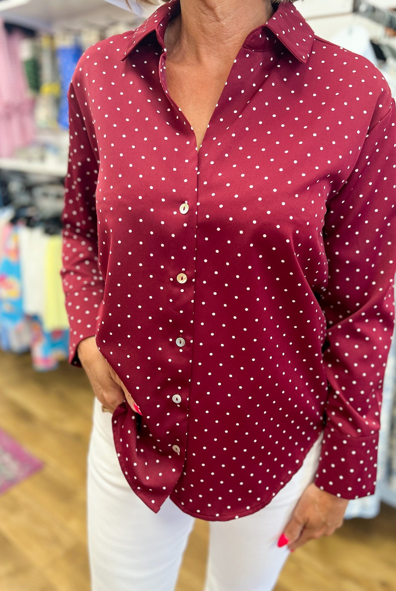 Burgundy Polka Dot Long Sleeve Button Up Top - A'Bekah's Boutique