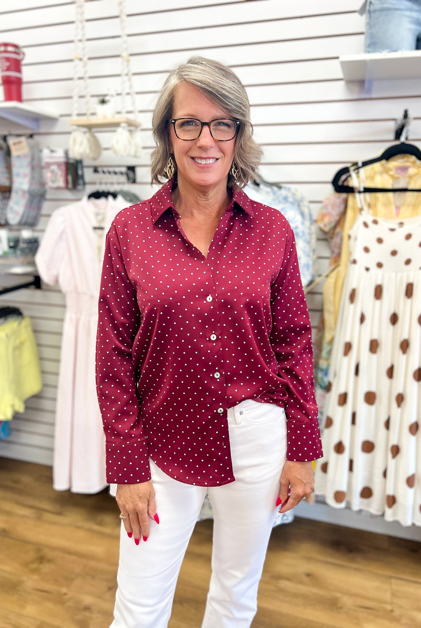 Burgundy Polka Dot Long Sleeve Button Up Top - A'Bekah's Boutique
