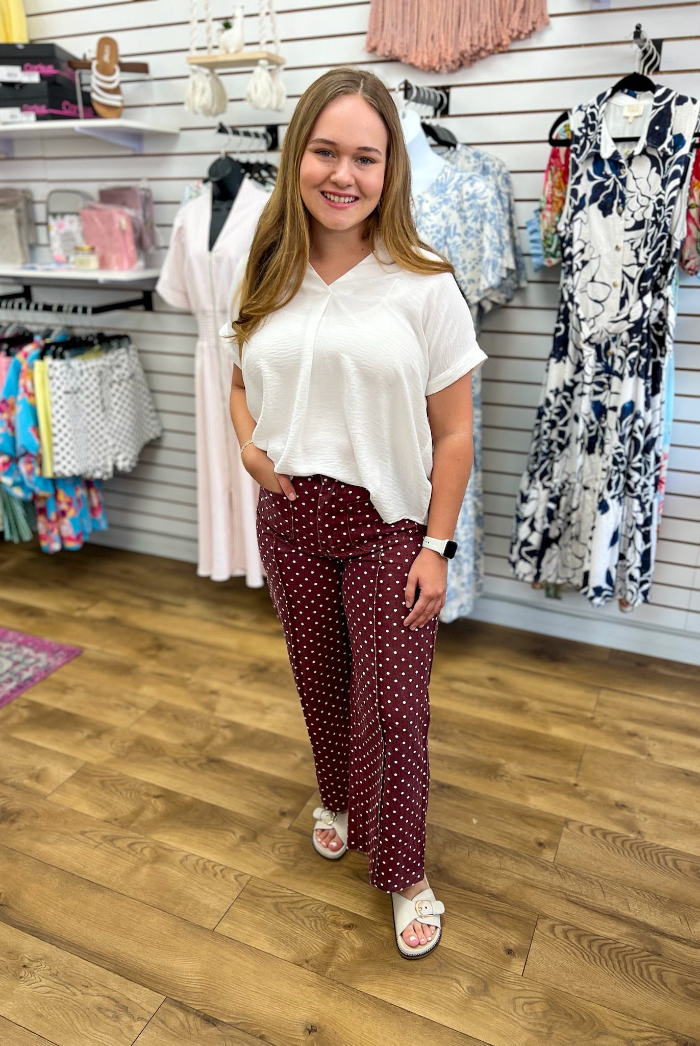 Burgundy Polka Dot Wide Leg Pants - A'Bekah's Boutique