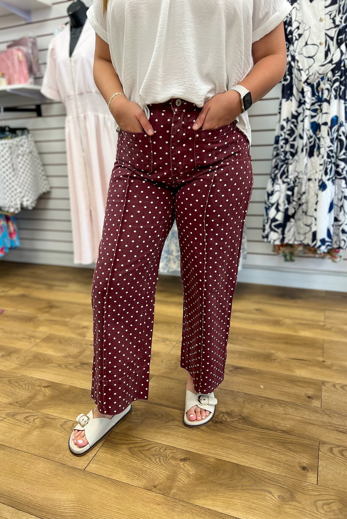 Burgundy Polka Dot Wide Leg Pants - A'Bekah's Boutique