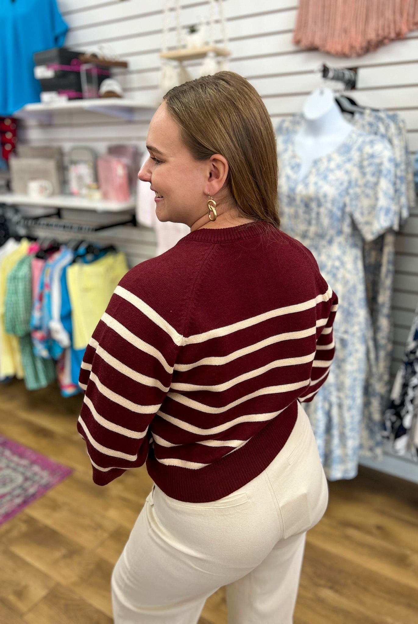Burgundy Striped 3/4 Sleeve Sweater with Button Details - A'Bekah's Boutique