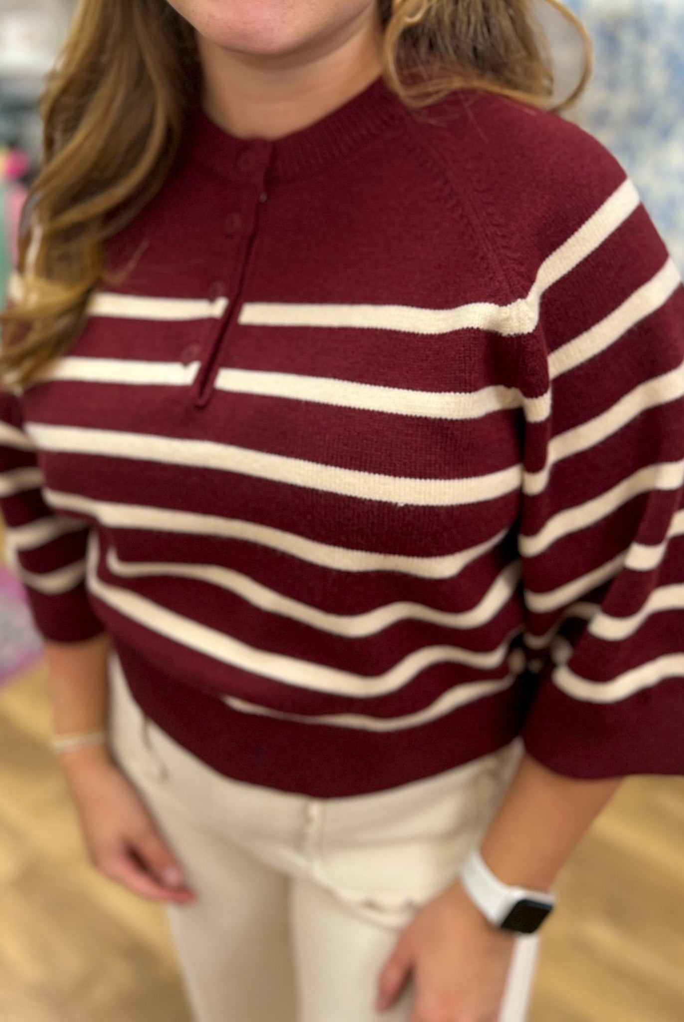 Burgundy Striped 3/4 Sleeve Sweater with Button Details - A'Bekah's Boutique