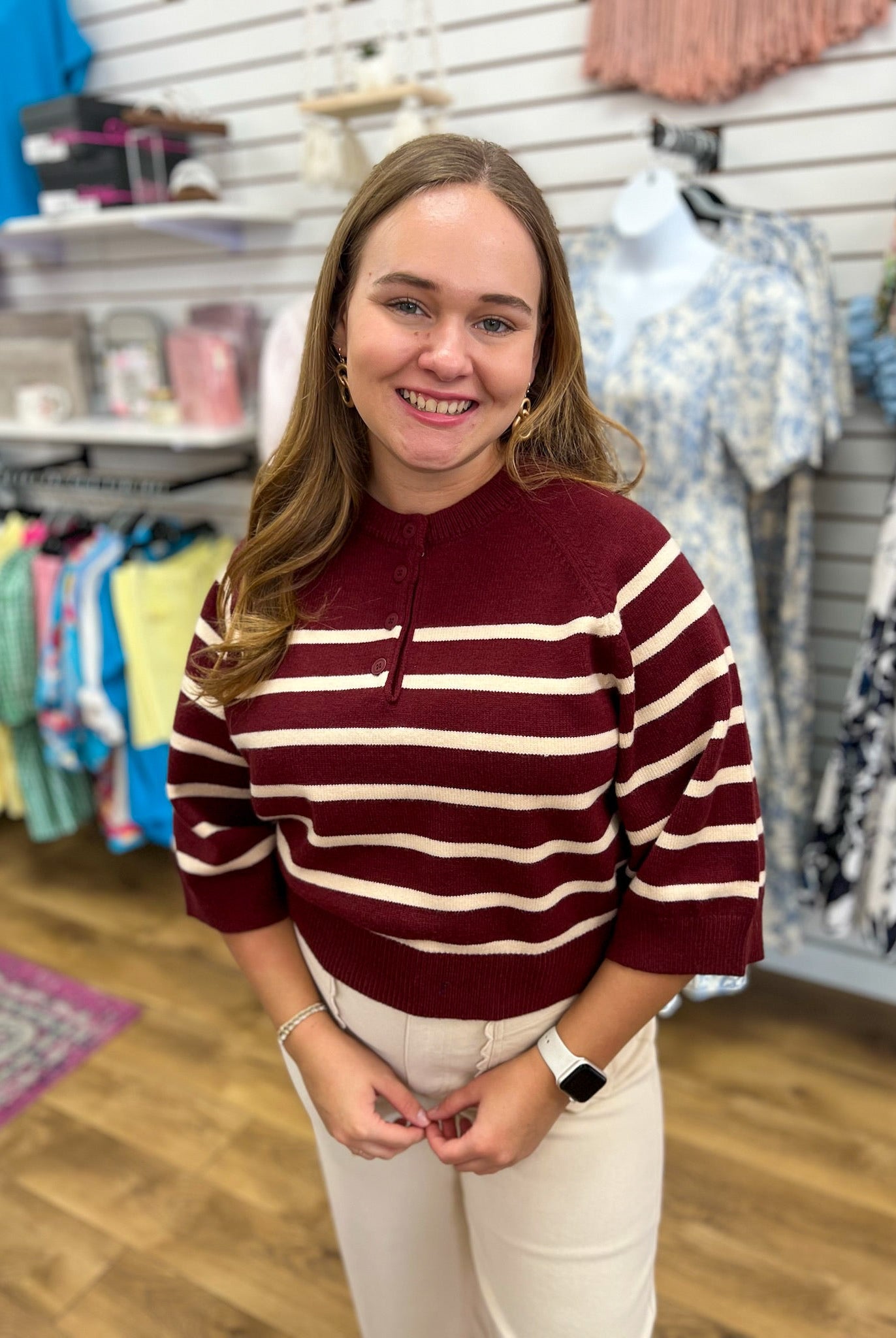 Burgundy Striped 3/4 Sleeve Sweater with Button Details - A'Bekah's Boutique