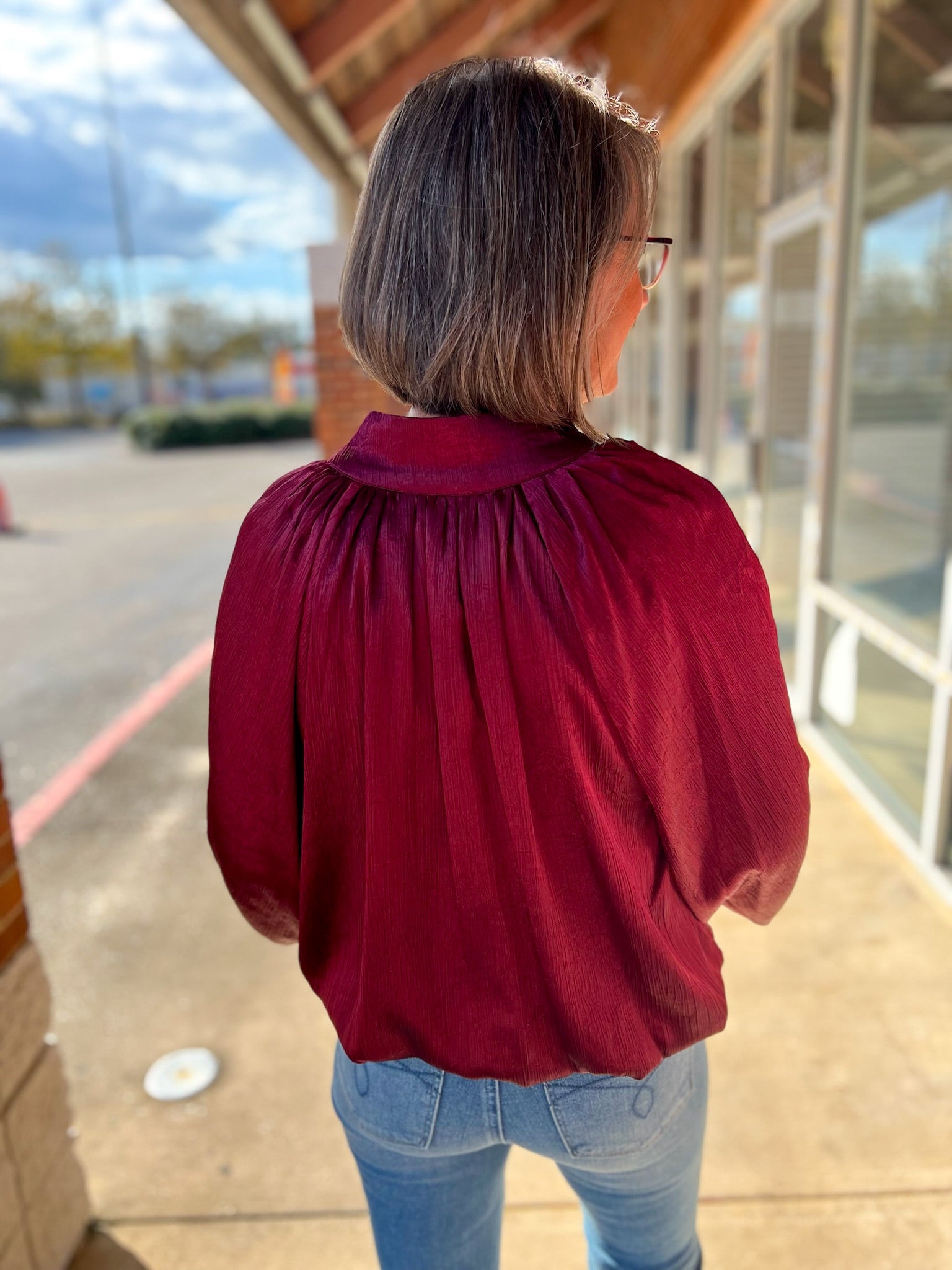 Burgundy V - Neck Top with Long Balloon Sleeves - A'Bekah's Boutique