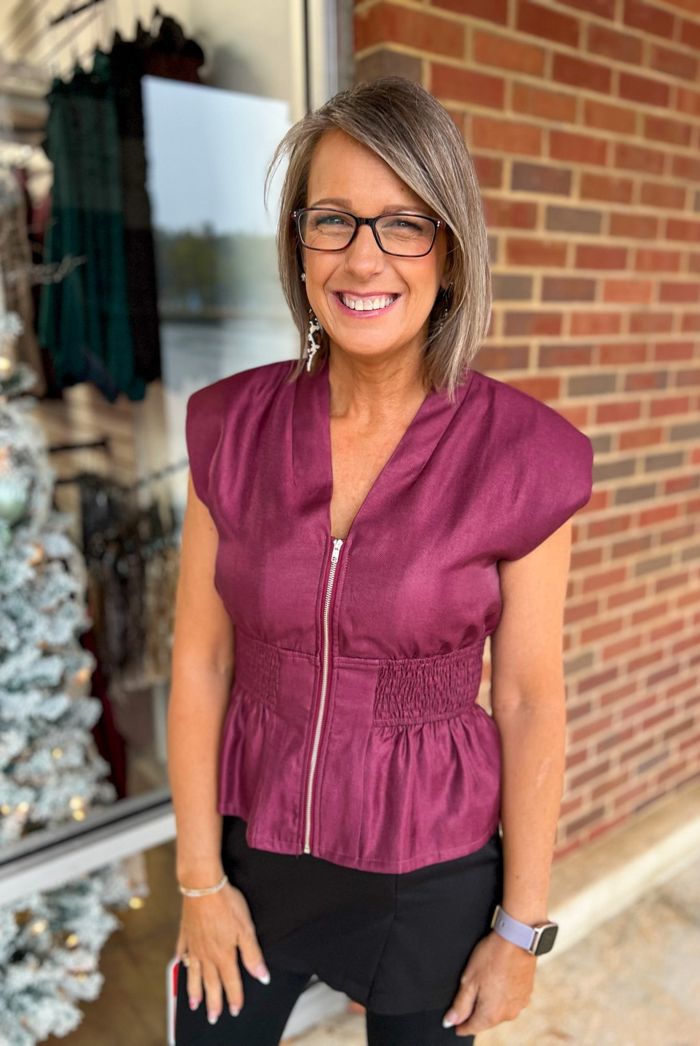 Burgundy V - Neck Zip Front Top with Smocked Waist - A'Bekah's Boutique
