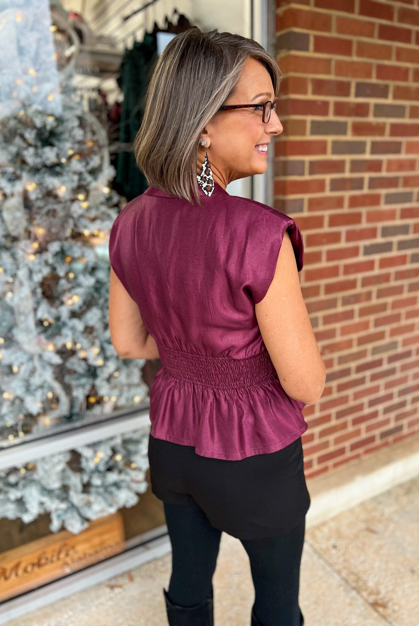 Burgundy V - Neck Zip Front Top with Smocked Waist - A'Bekah's Boutique