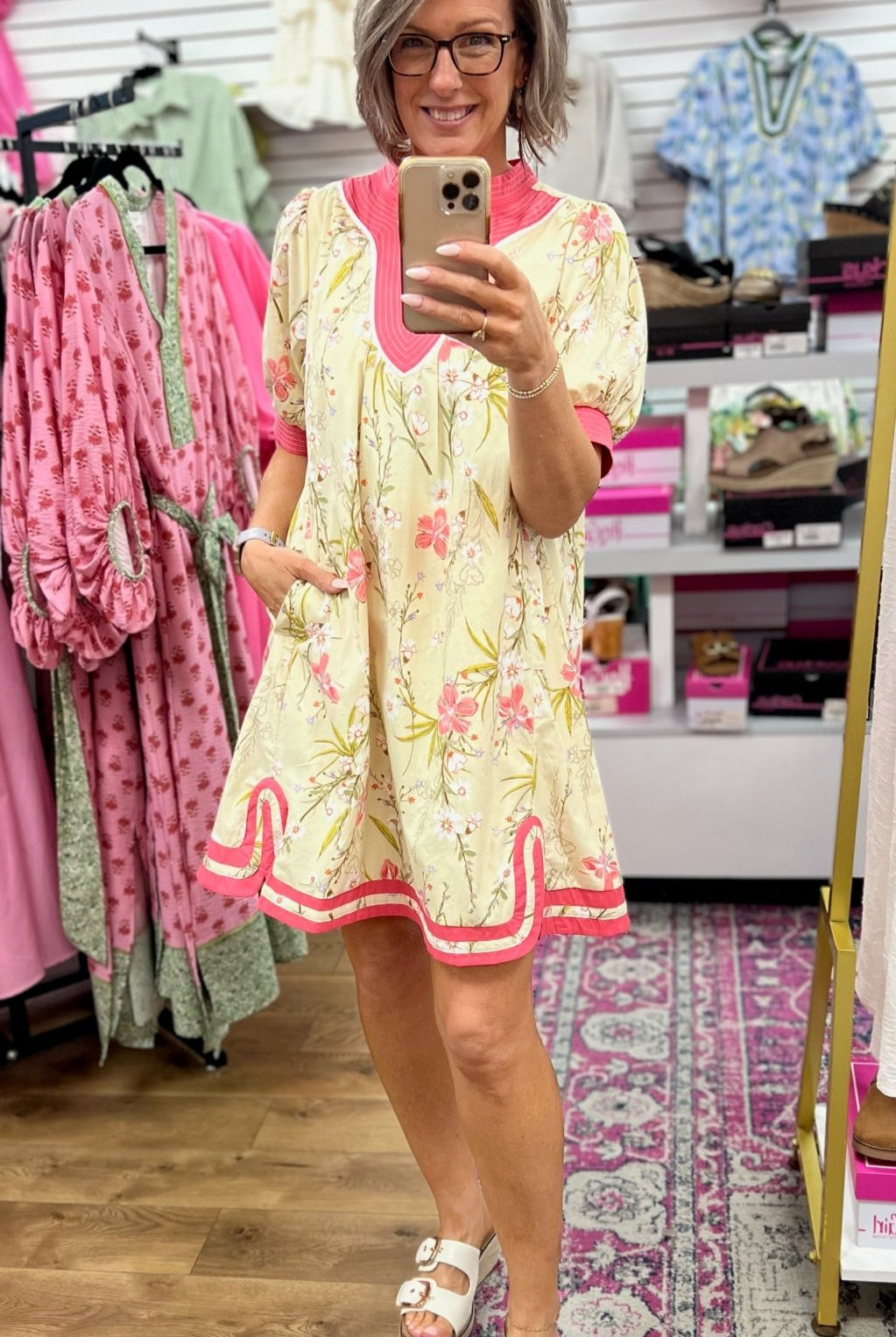 Butter Yellow V - Neck Dress with Pink Contrast Trim - A'Bekah's Boutique