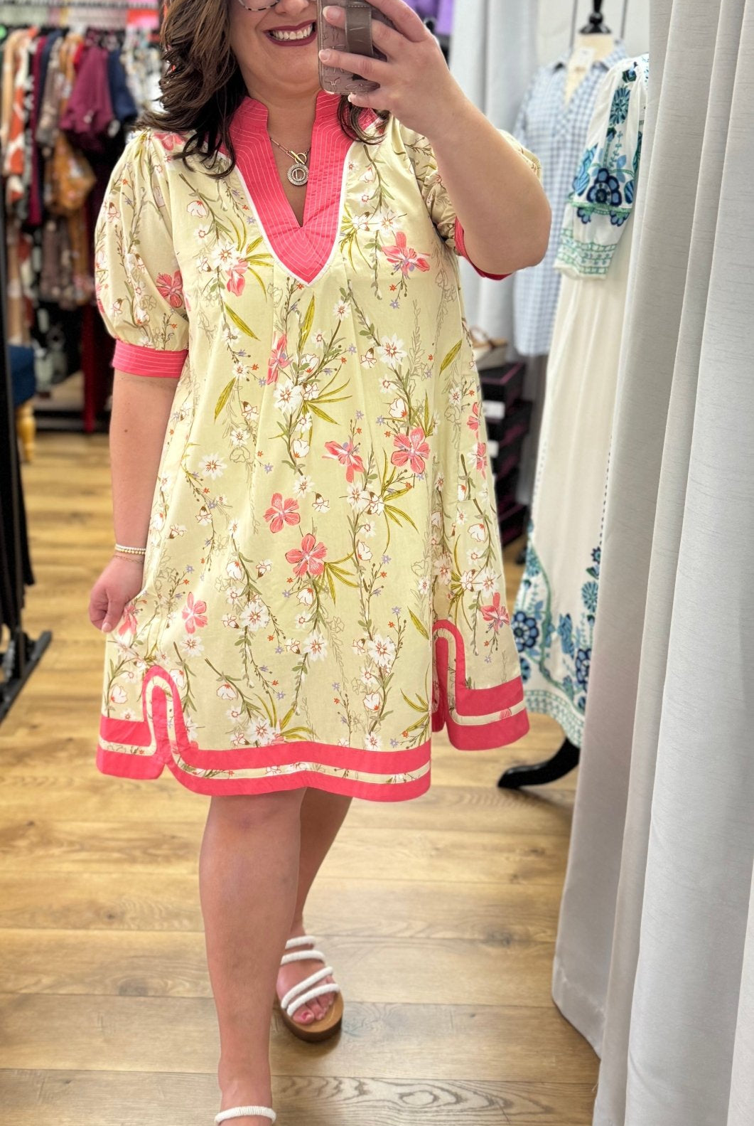 Butter Yellow V - Neck Dress with Pink Contrast Trim - A'Bekah's Boutique