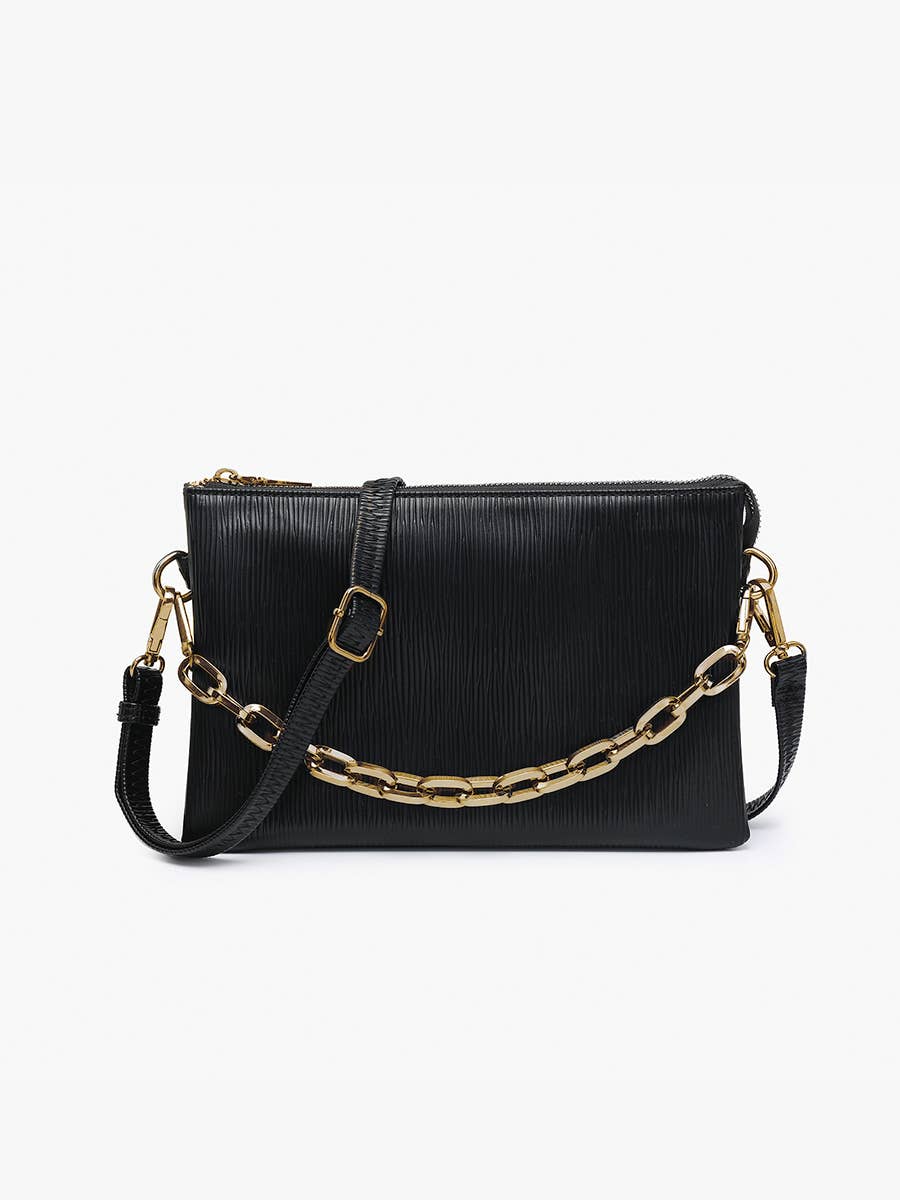 Black textured crossbody bag with gold chain handle and adjustable leather strap