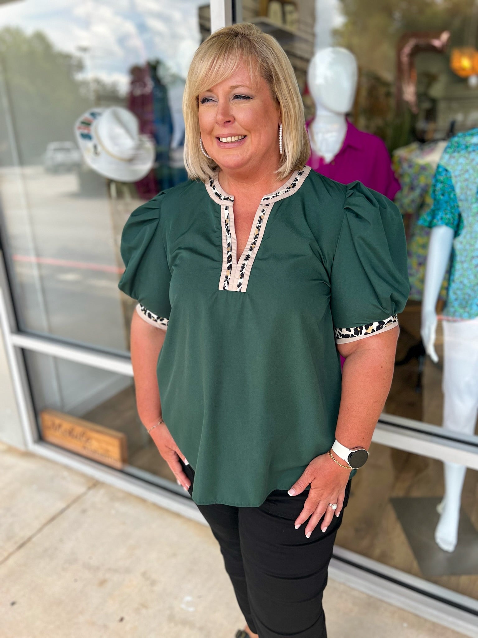 Call On You Curvy Hunter Green Top with Leopard Accent Trim (C) - A'Bekah's Boutique