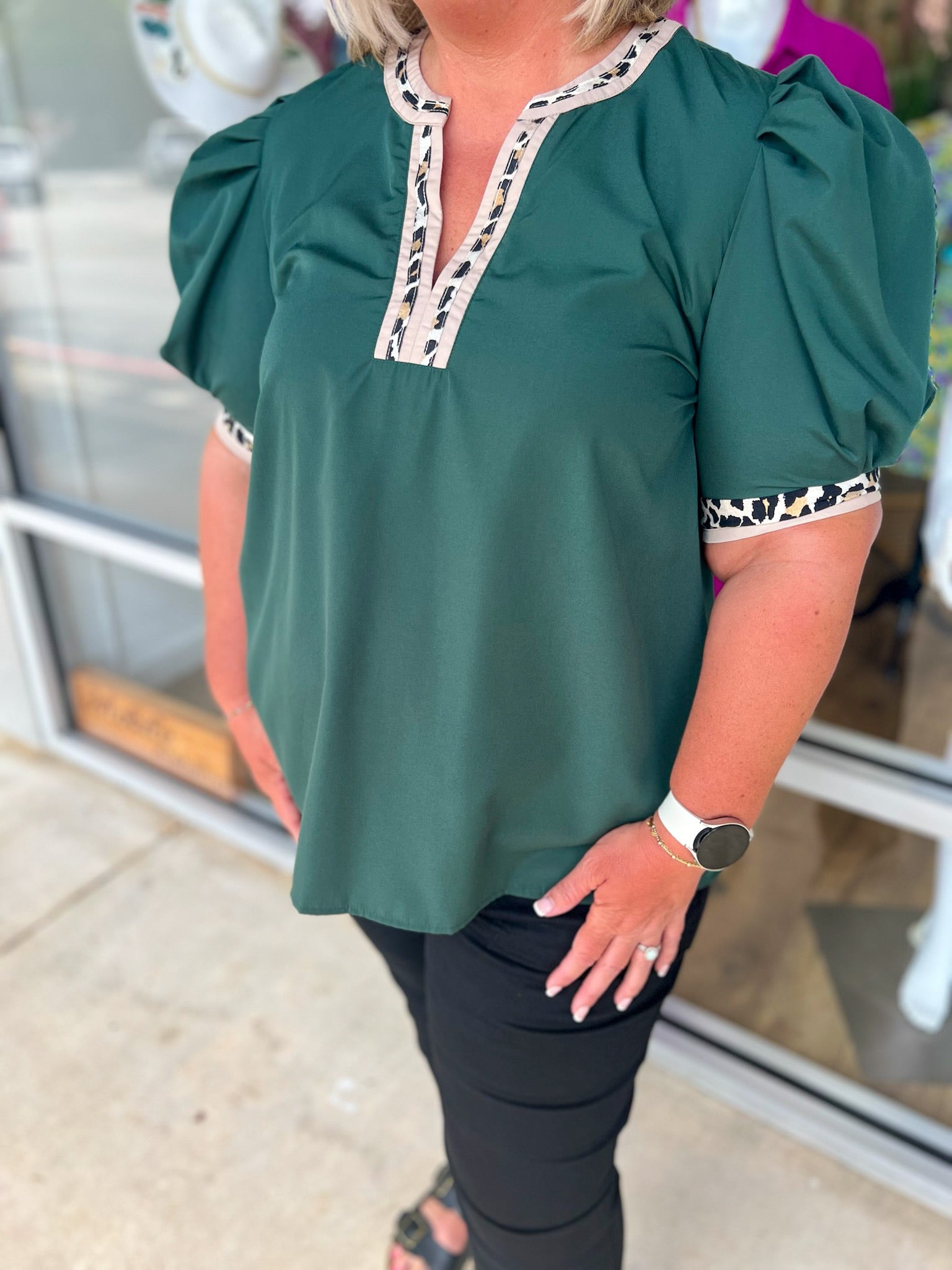 Call On You Curvy Hunter Green Top with Leopard Accent Trim (C) - A'Bekah's Boutique