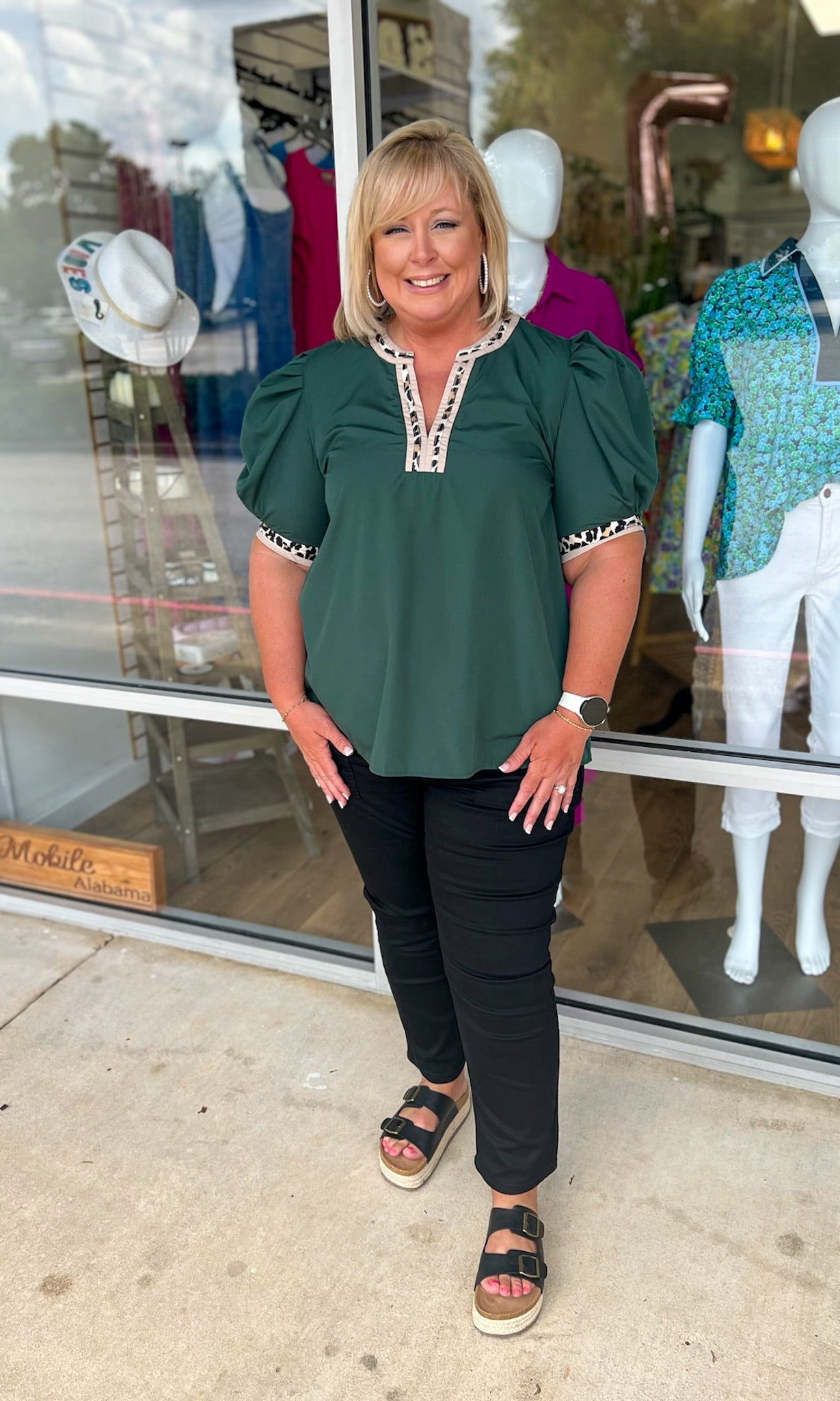 Call On You Curvy Hunter Green Top with Leopard Accent Trim (C) - A'Bekah's Boutique
