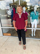 Call On You Curvy Merlot Top with Leopard Accent Trim (C) - A'Bekah's Boutique
