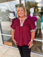Call On You Curvy Merlot Top with Leopard Accent Trim (C) - A'Bekah's Boutique