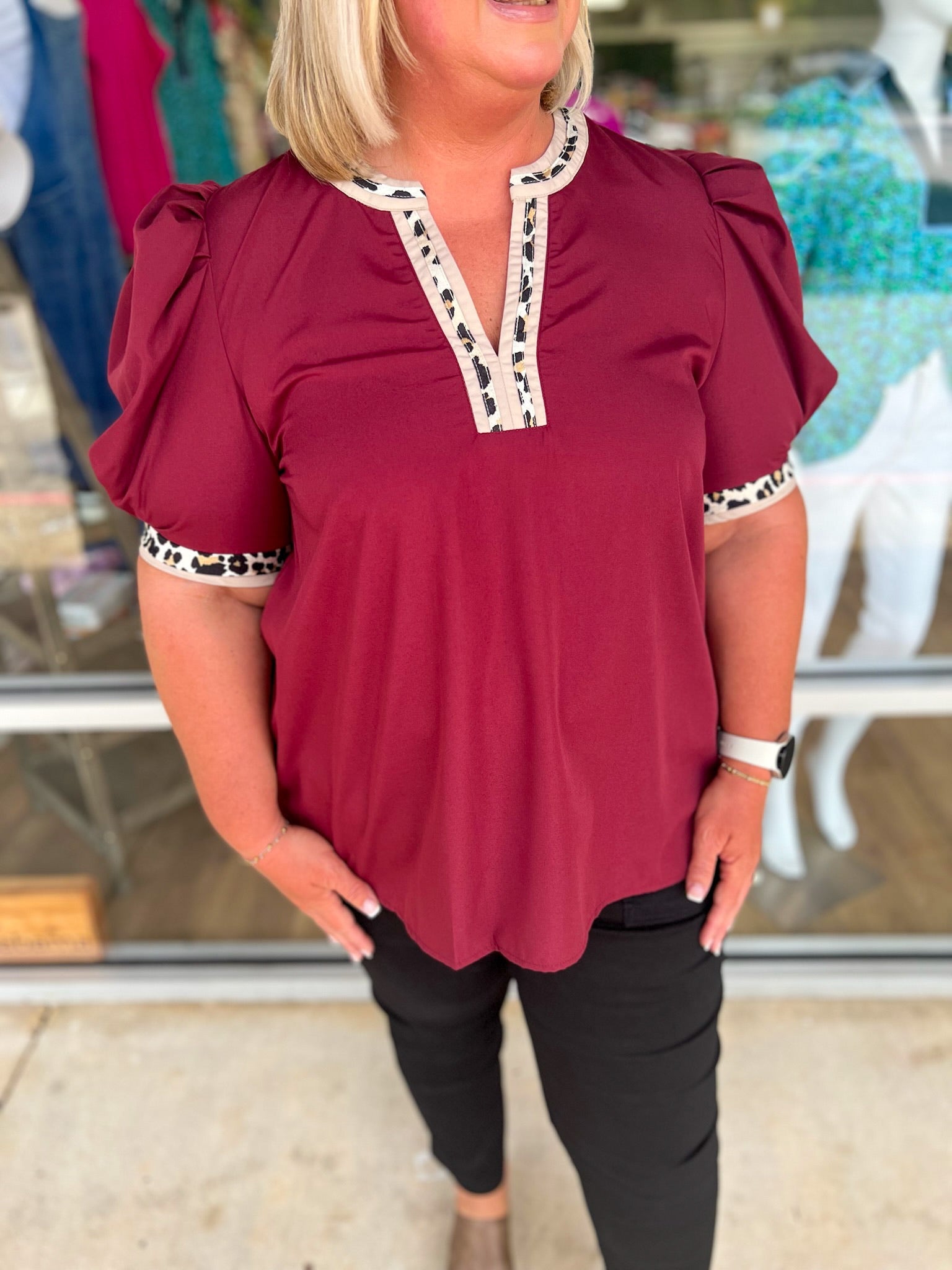 Call On You Curvy Merlot Top with Leopard Accent Trim (C) - A'Bekah's Boutique