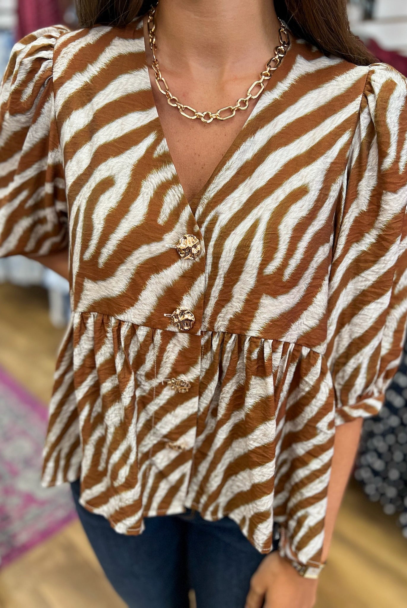 Camel Animal Print V-Neck Top with Gold Front Buttons - A'Bekah's Boutique