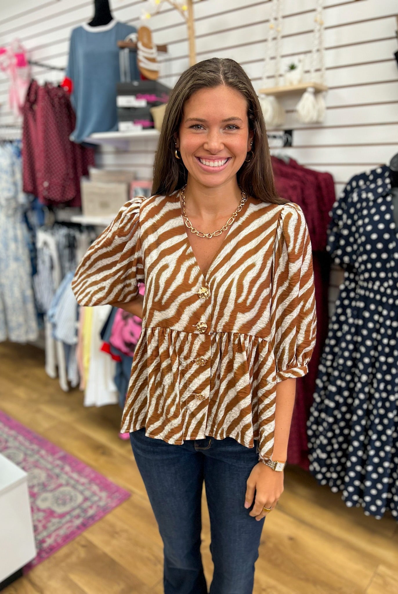 Camel Animal Print V-Neck Top with Gold Front Buttons - A'Bekah's Boutique