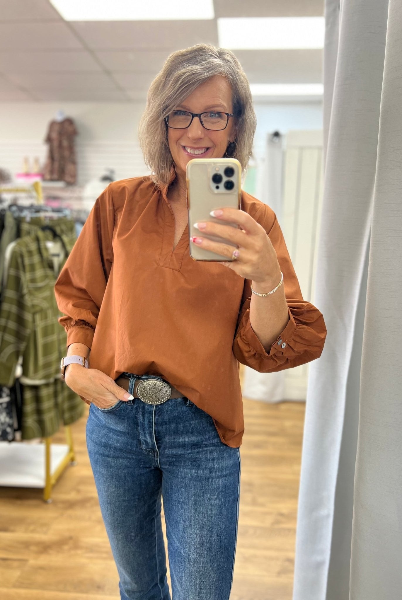 Caramel Brown V - Neck Top with 3/4 Sleeves with Buttoned Cuffs - A'Bekah's Boutique