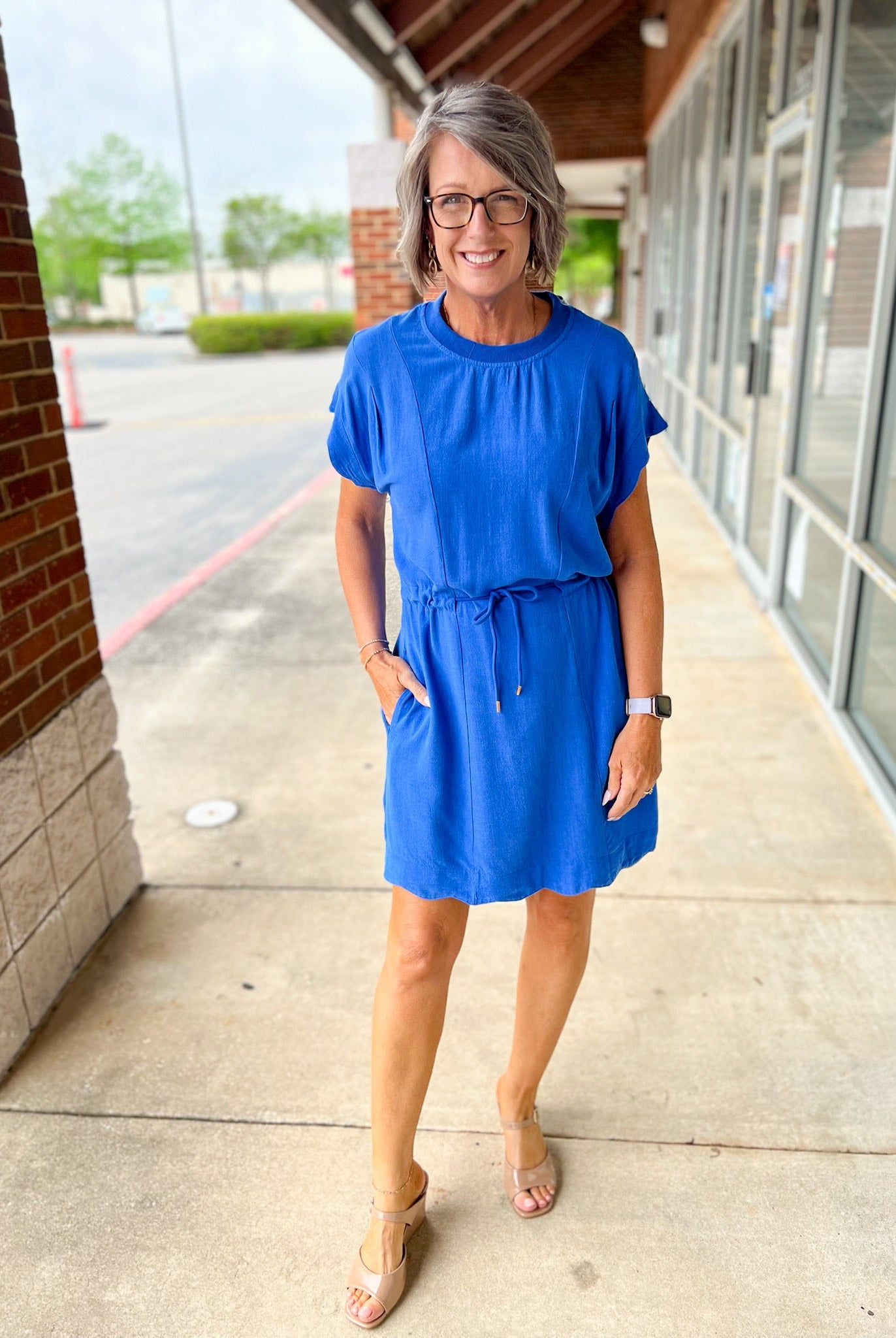 Cerulean Blue Linen Blend Scalloped Trim Dress with Drawstring Waist - A'Bekah's Boutique