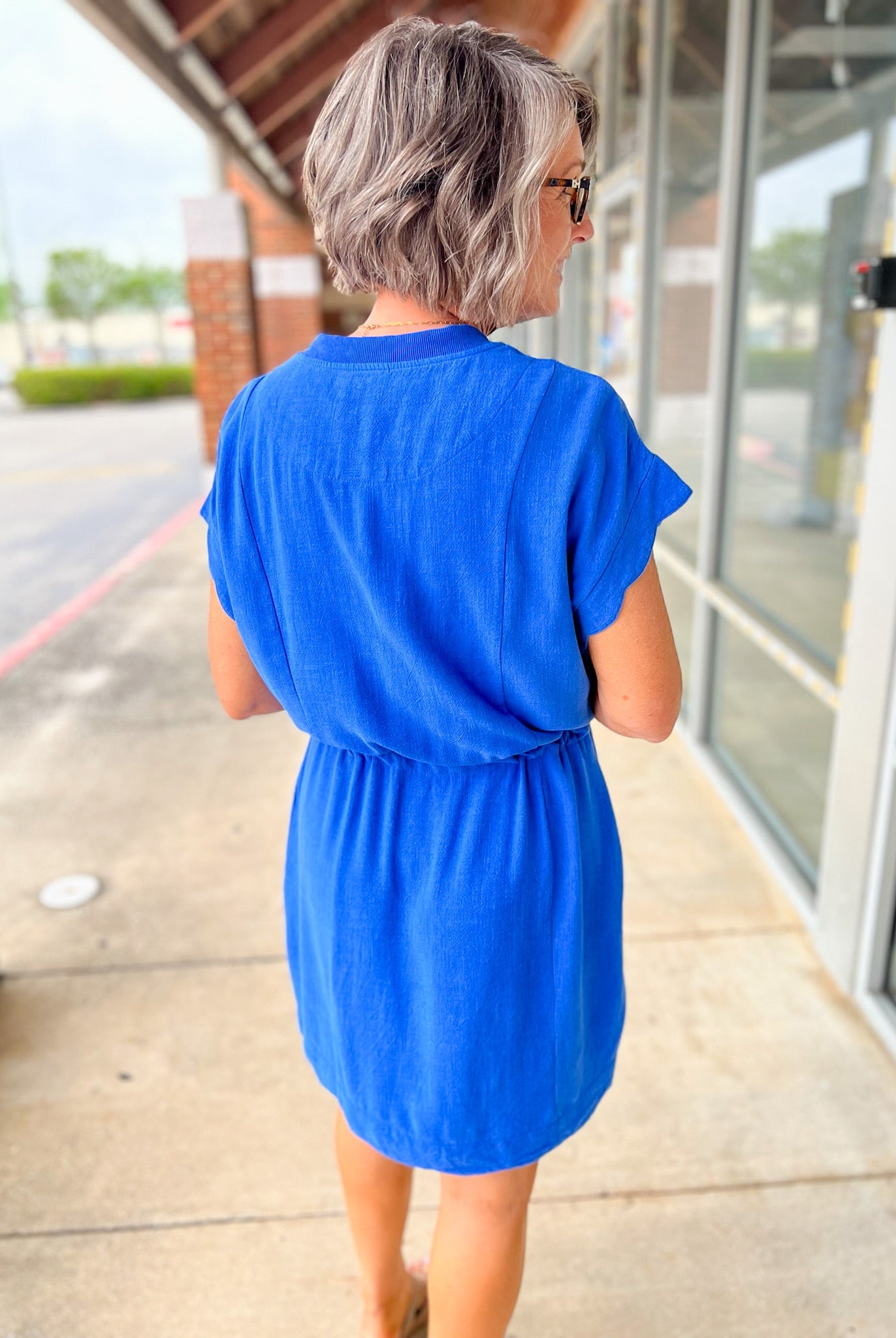 Cerulean Blue Linen Blend Scalloped Trim Dress with Drawstring Waist - A'Bekah's Boutique