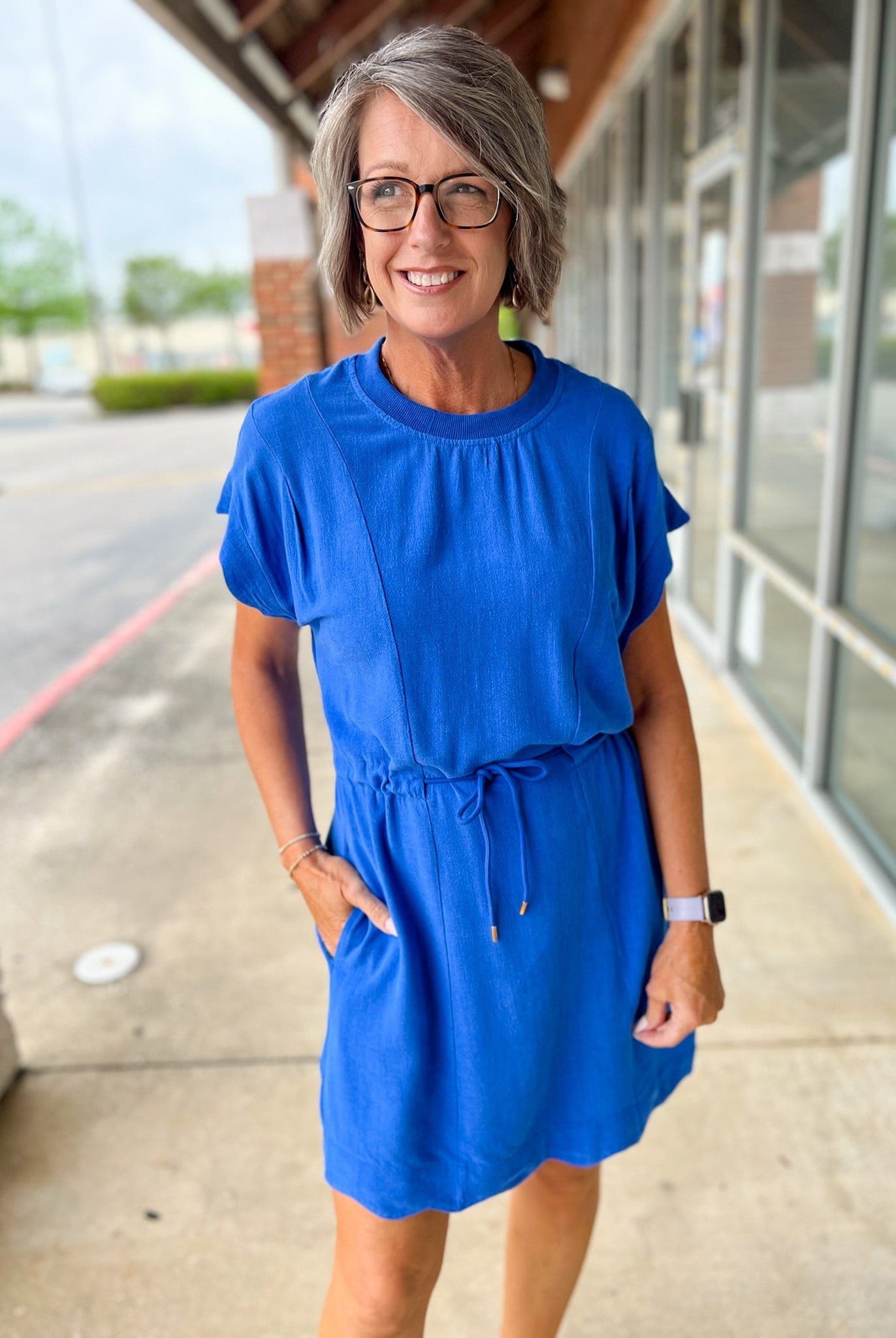 Cerulean Blue Linen Blend Scalloped Trim Dress with Drawstring Waist - A'Bekah's Boutique