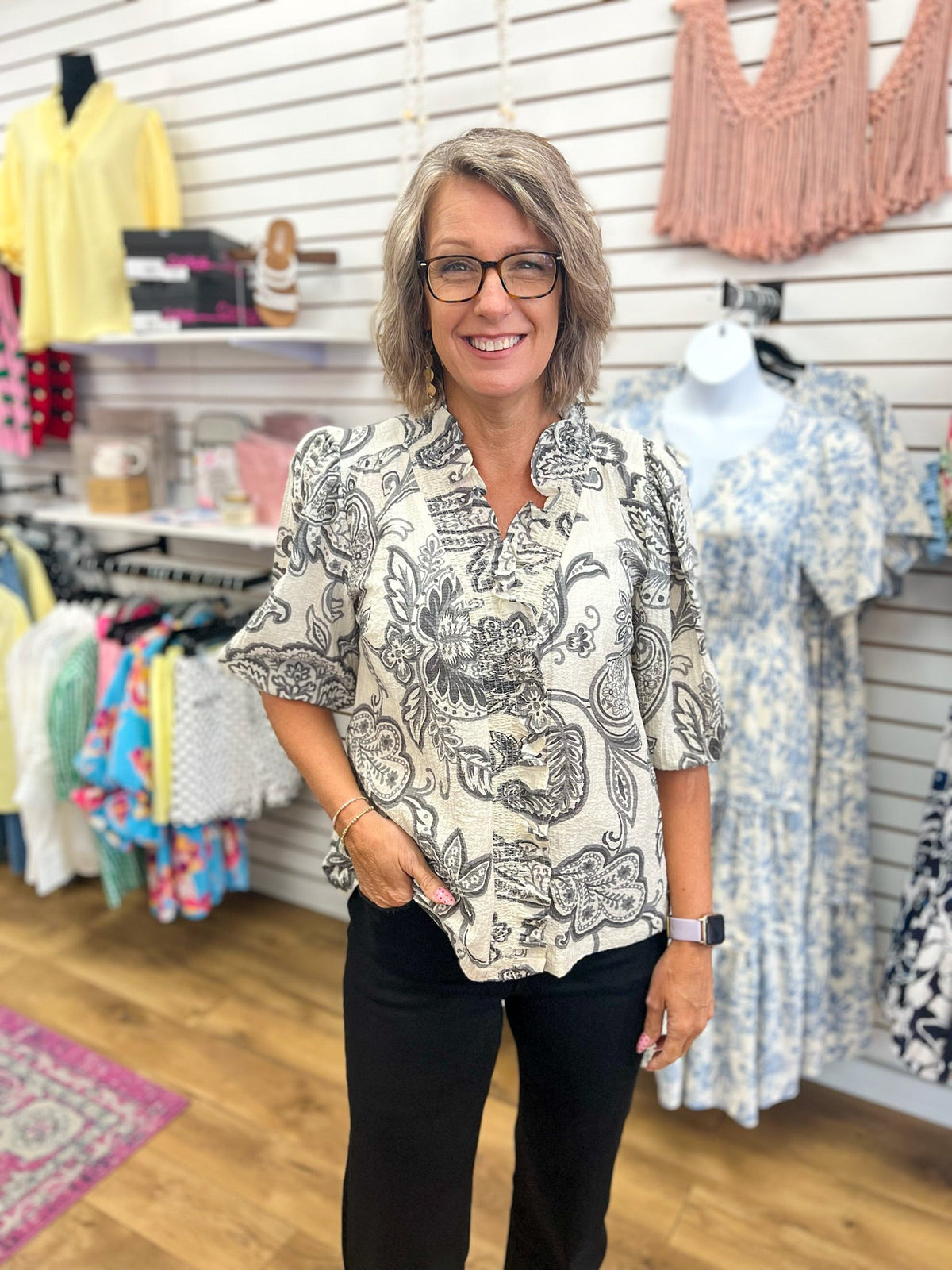 Charcoal Abstract Print V-Neck Top with 3/4 Sleeves - A'Bekah's Boutique