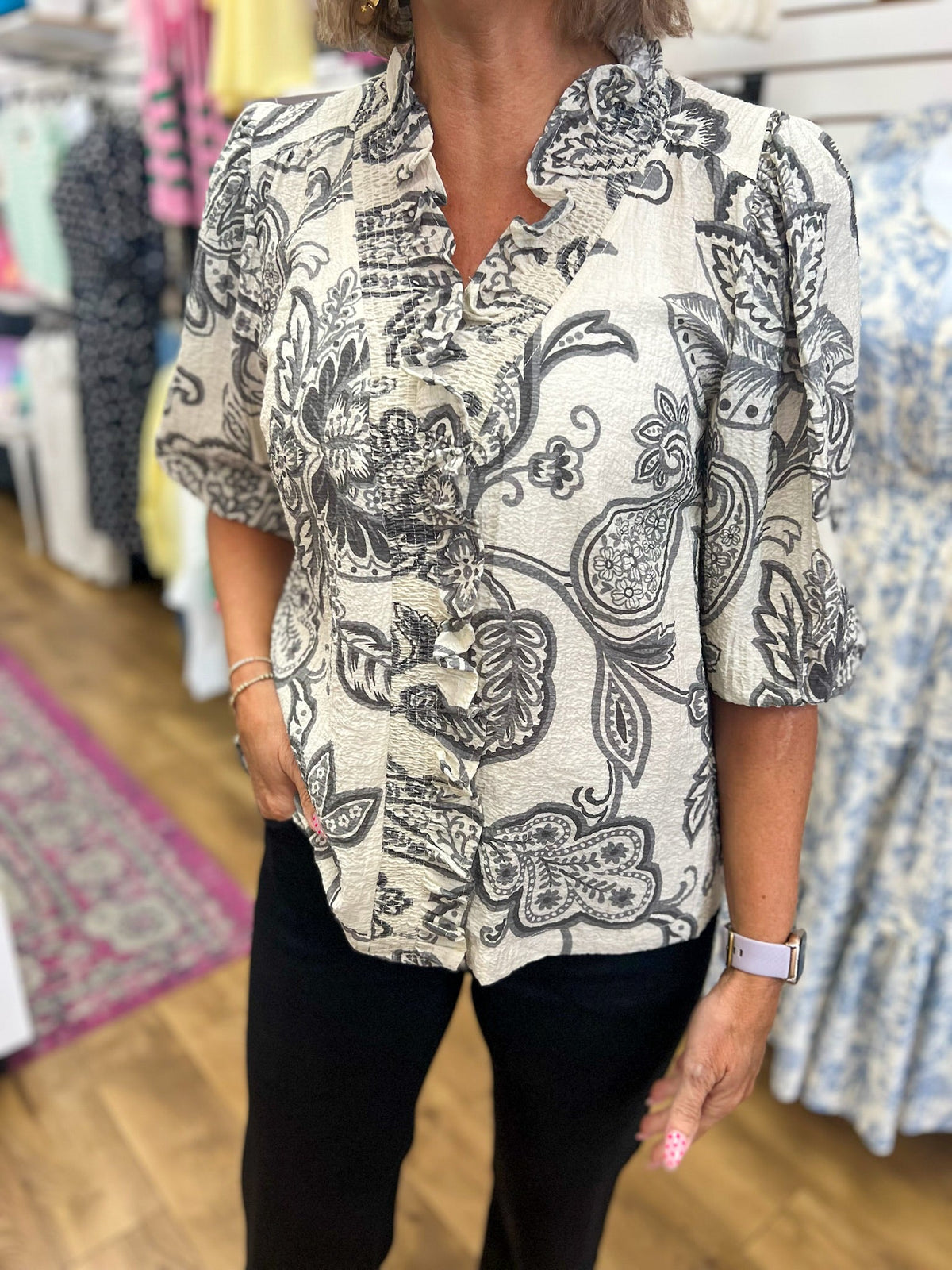 Charcoal Abstract Print V-Neck Top with 3/4 Sleeves - A'Bekah's Boutique