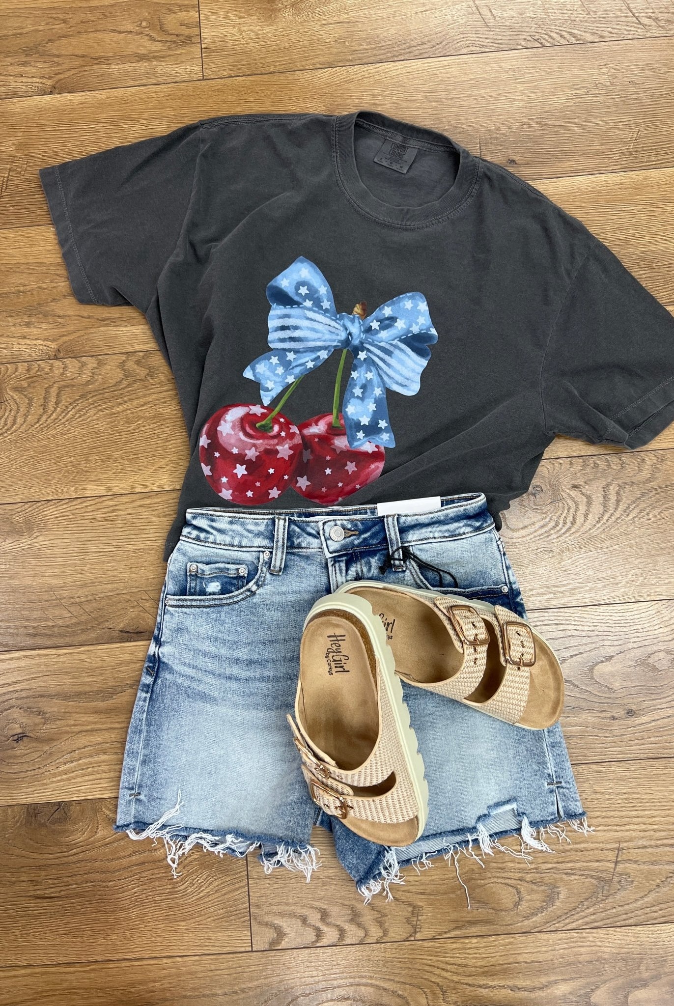 Charcoal Short Sleeve Cropped T-Shirt with Bow and Cherries - A'Bekah's Boutique