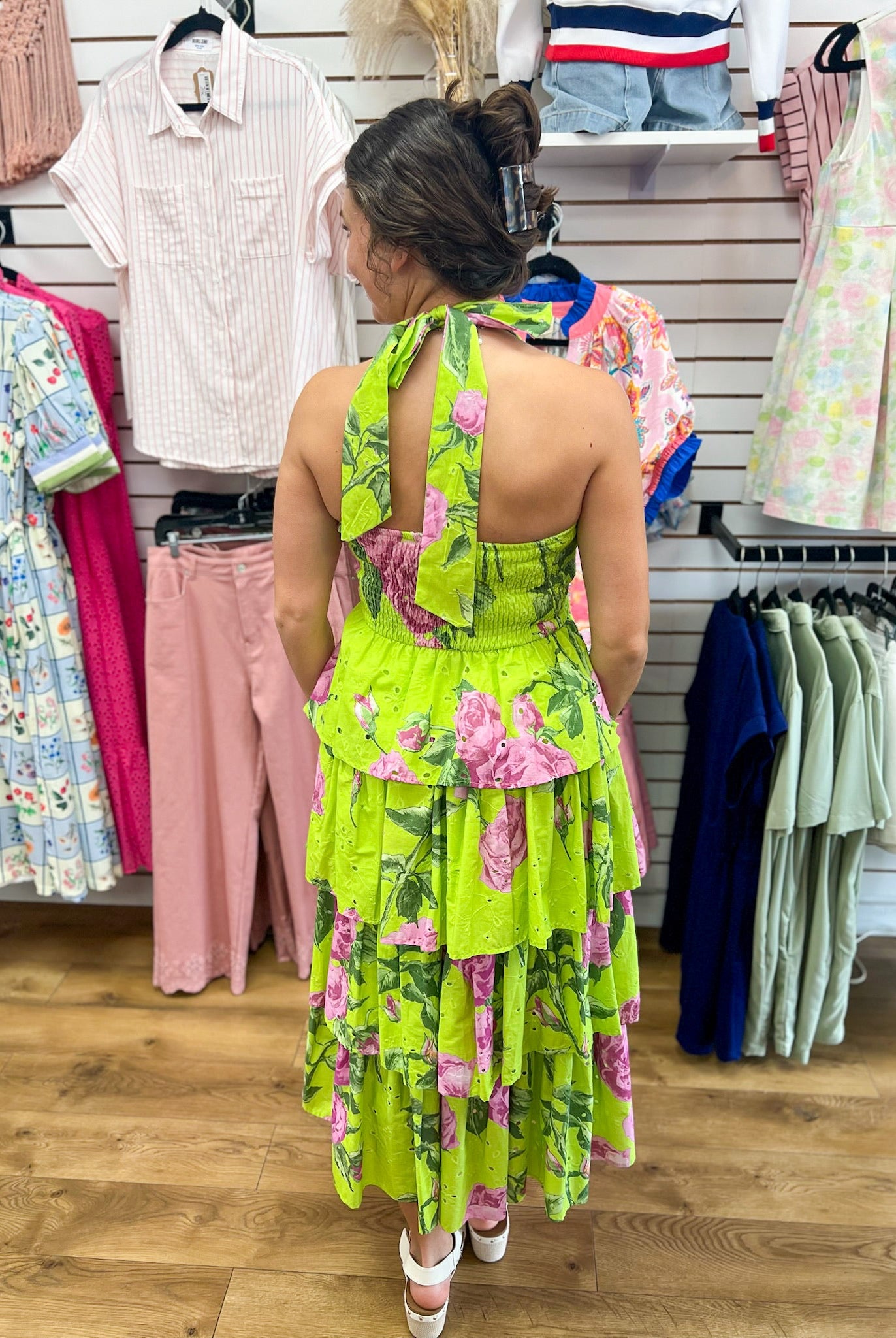 Chartreuse Floral Ruffle Tiered Midi Dress - A'Bekah's Boutique