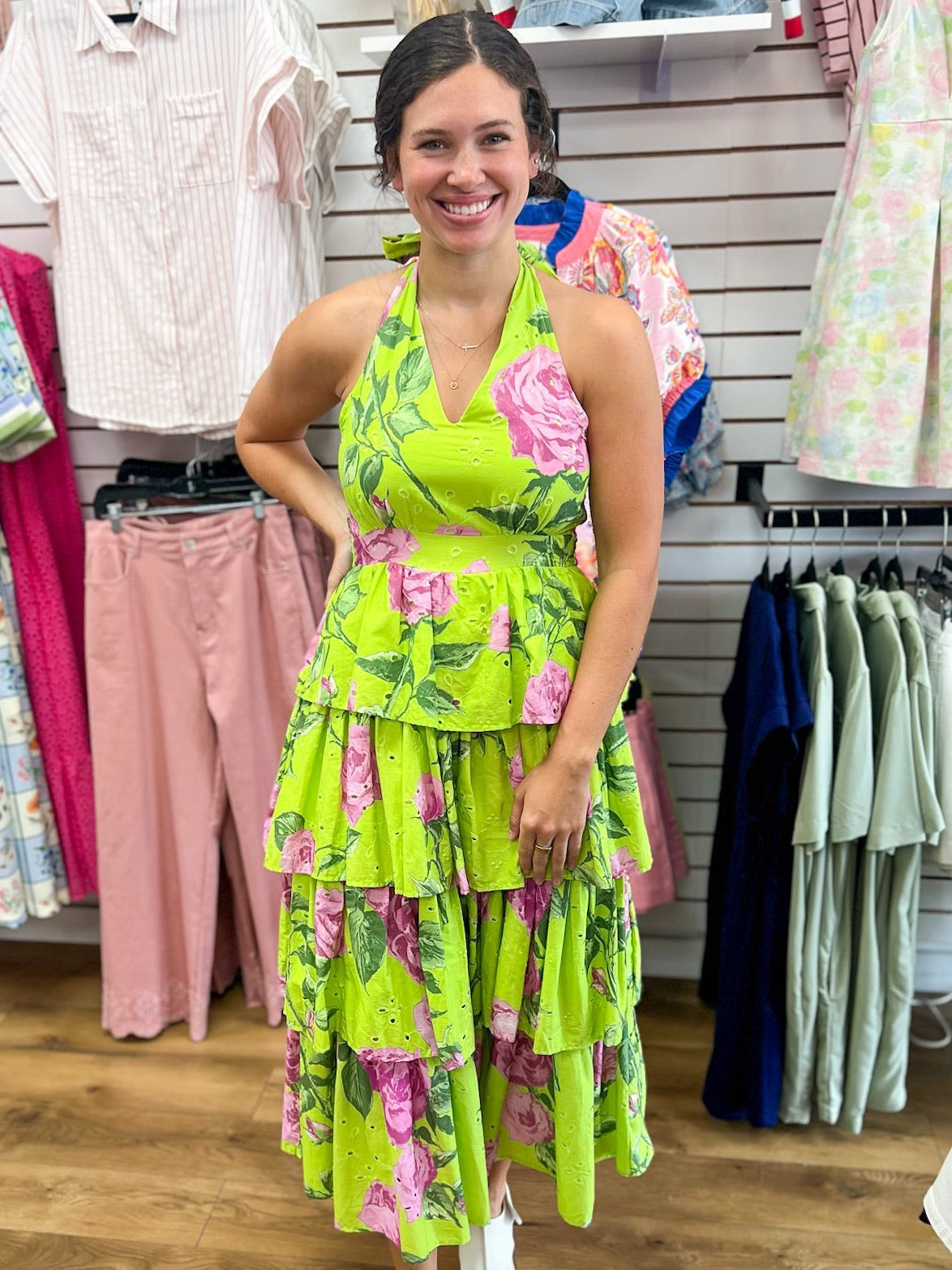 Chartreuse Floral Ruffle Tiered Midi Dress - A'Bekah's Boutique