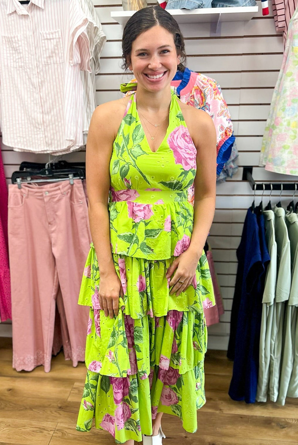 Chartreuse Floral Ruffle Tiered Midi Dress - A'Bekah's Boutique