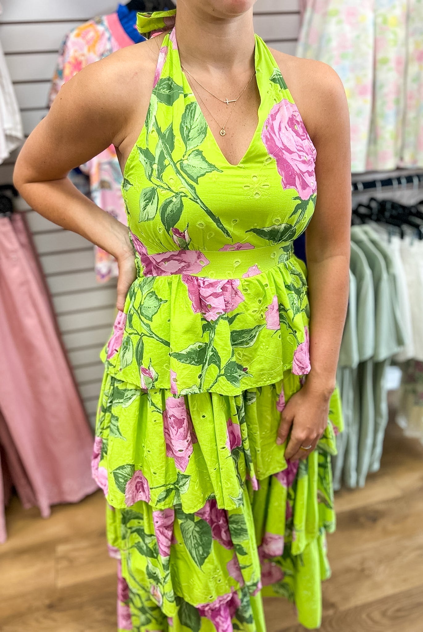 Chartreuse Floral Ruffle Tiered Midi Dress - A'Bekah's Boutique