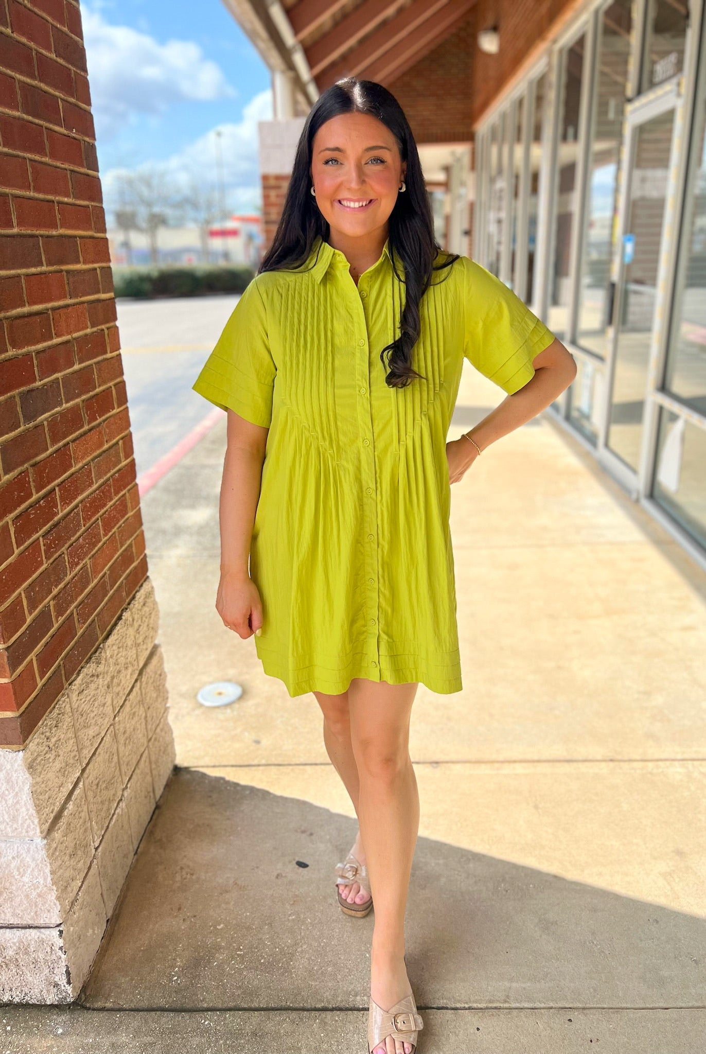 Chartreuse Green Short Sleeve Shirt Dress with Pockets - A'Bekah's Boutique